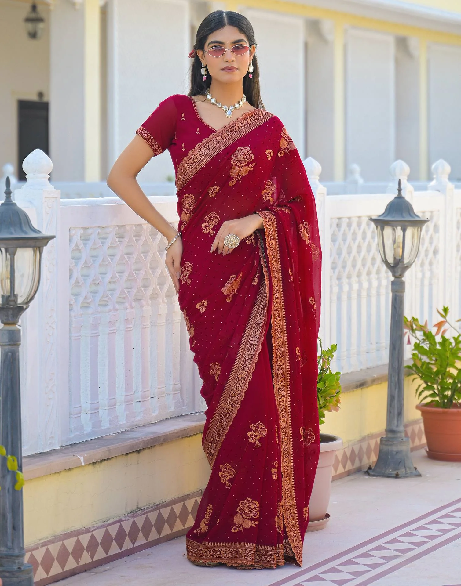 Dark Rani Pink Georgette Embroidery Embellished Saree - Image 8