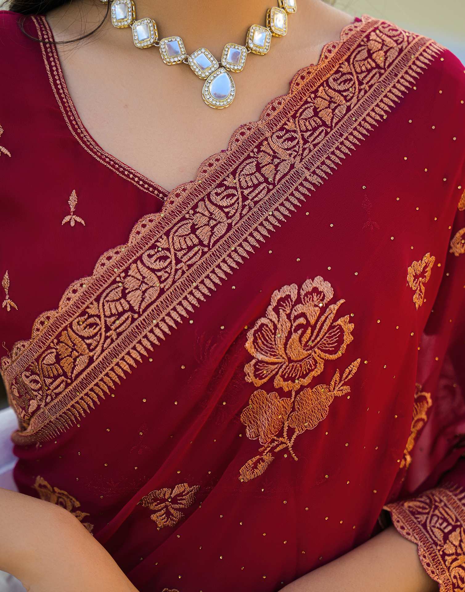 Dark Rani Pink Georgette Embroidery Embellished Saree - Image 9