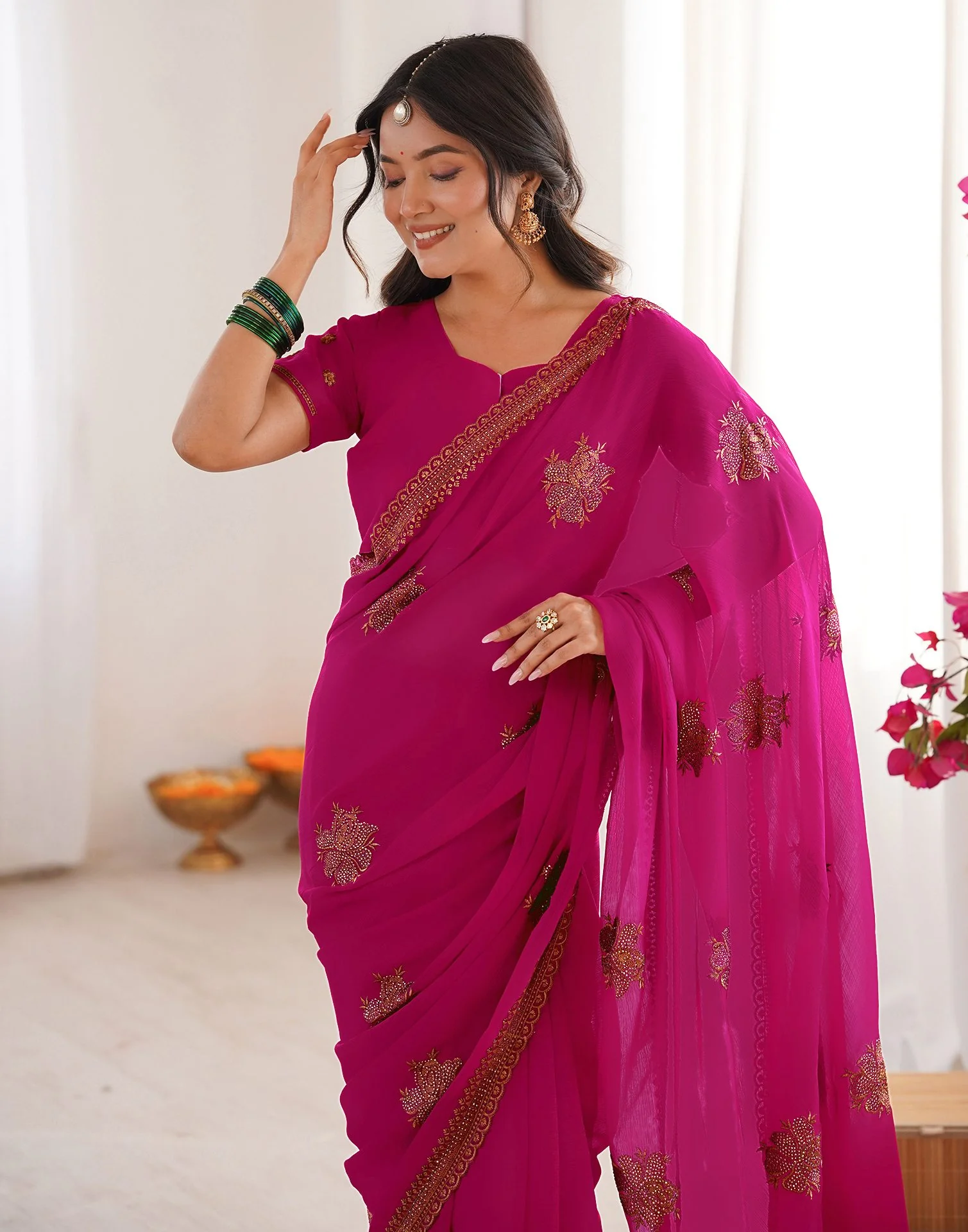 Dark Rani Pink Georgette Embroidery Saree - Image 2