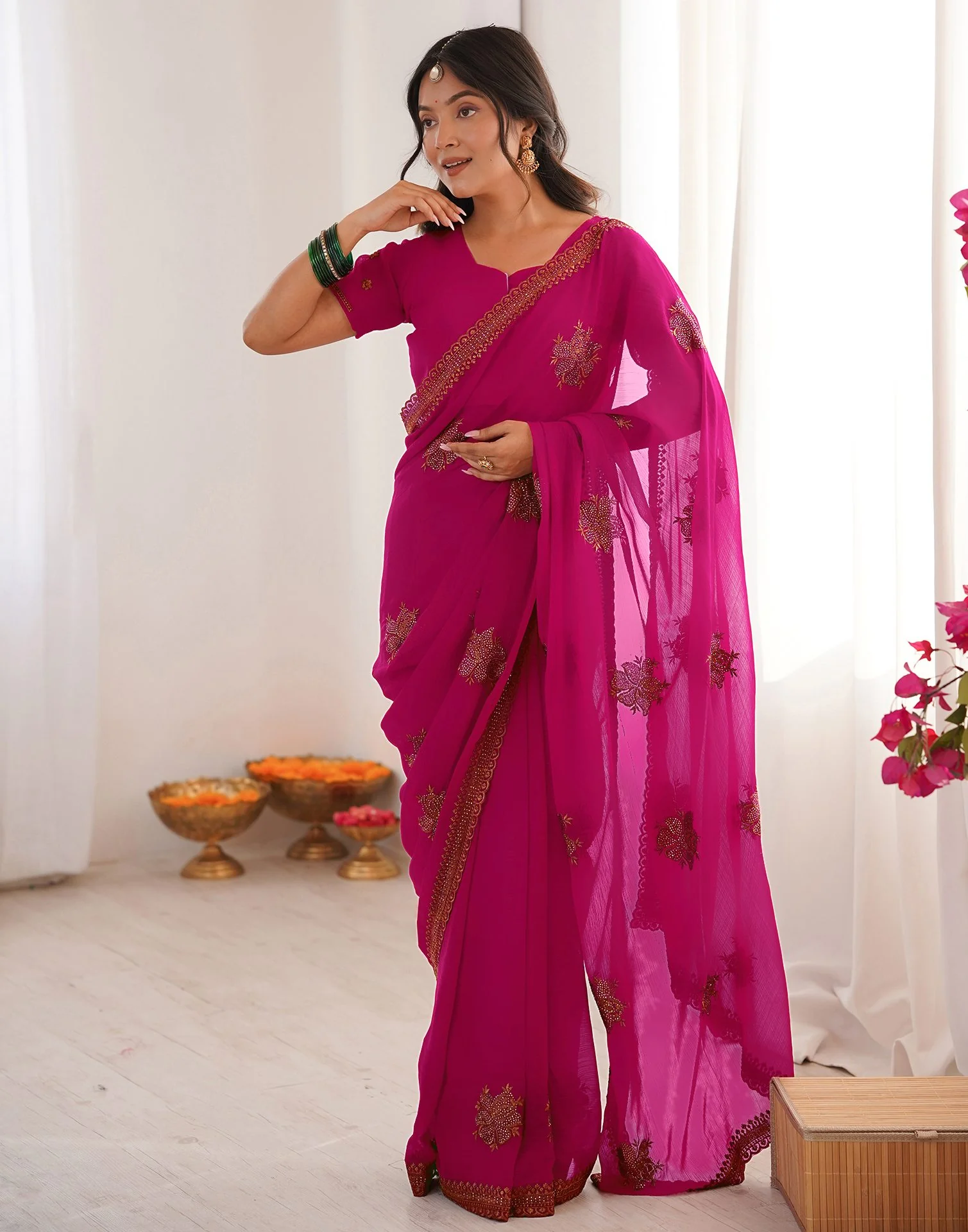 Dark Rani Pink Georgette Embroidery Saree - Image 5
