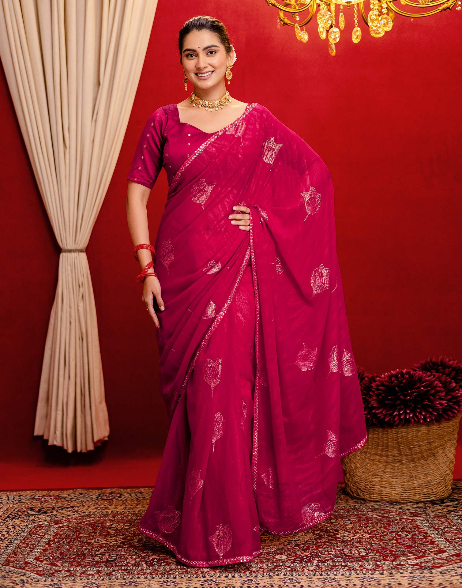 Dark Rani Pink Georgette Foil Printed Lace Saree