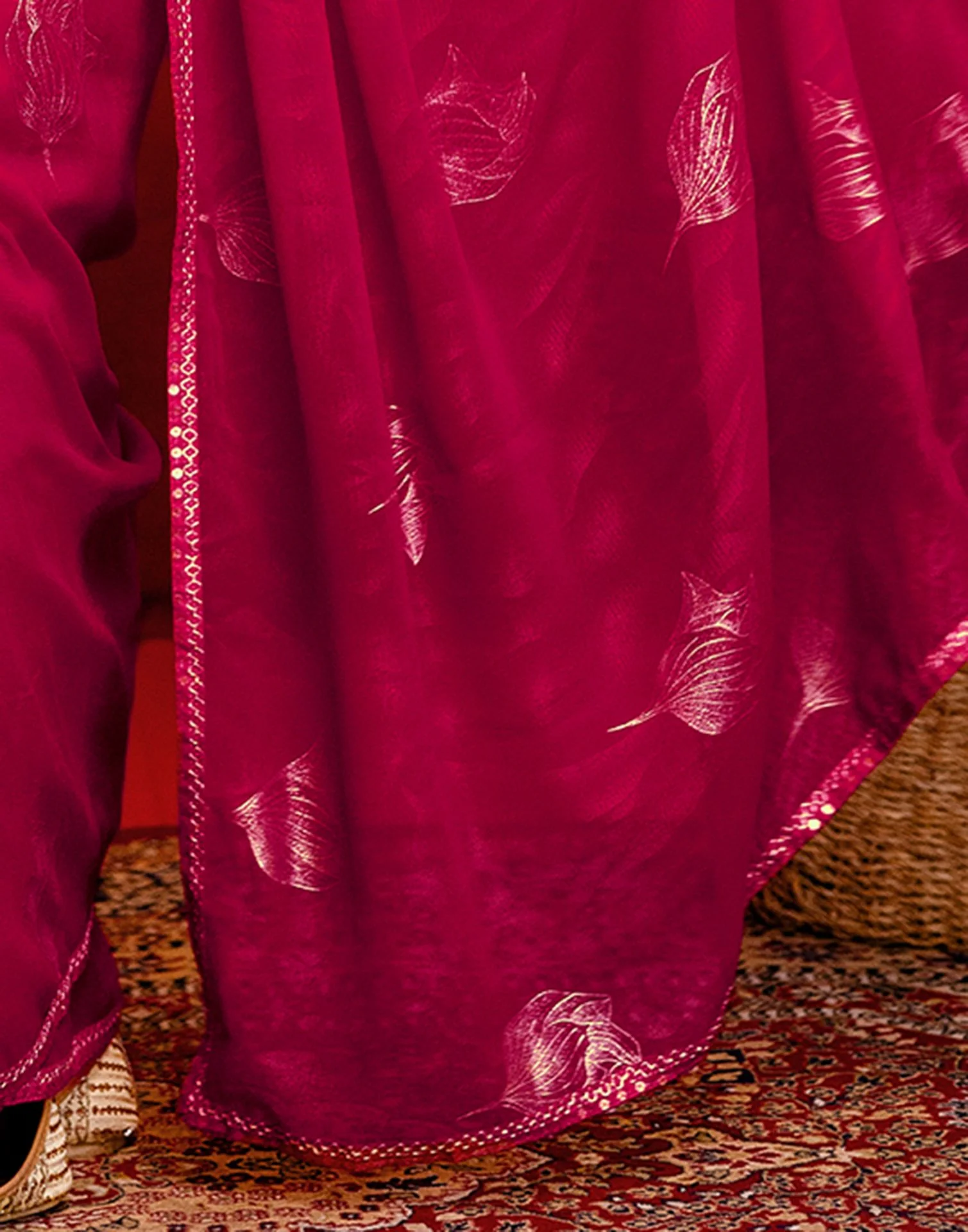 Dark Rani Pink Georgette Foil Printed Lace Saree - Image 11