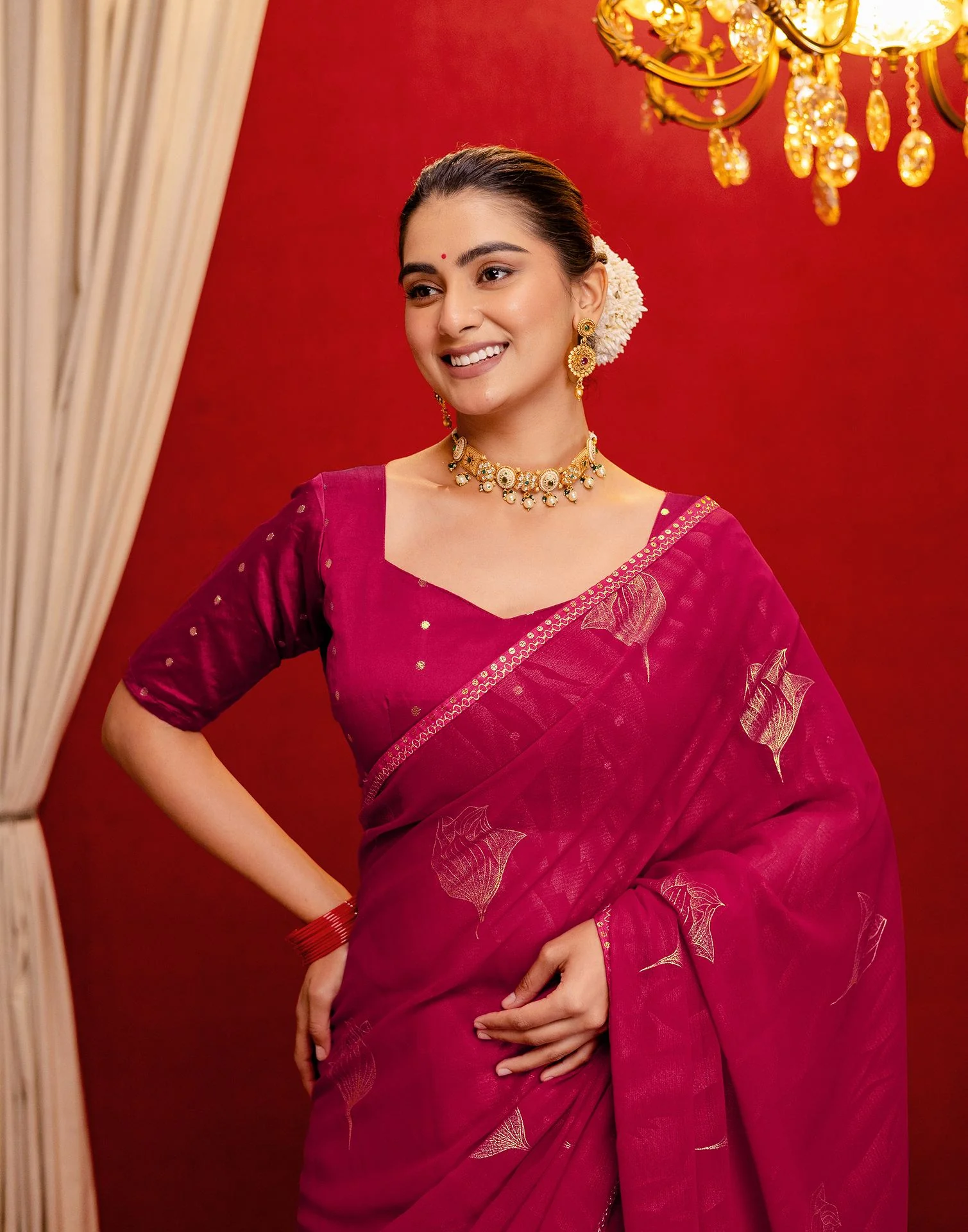 Dark Rani Pink Georgette Foil Printed Lace Saree - Image 2