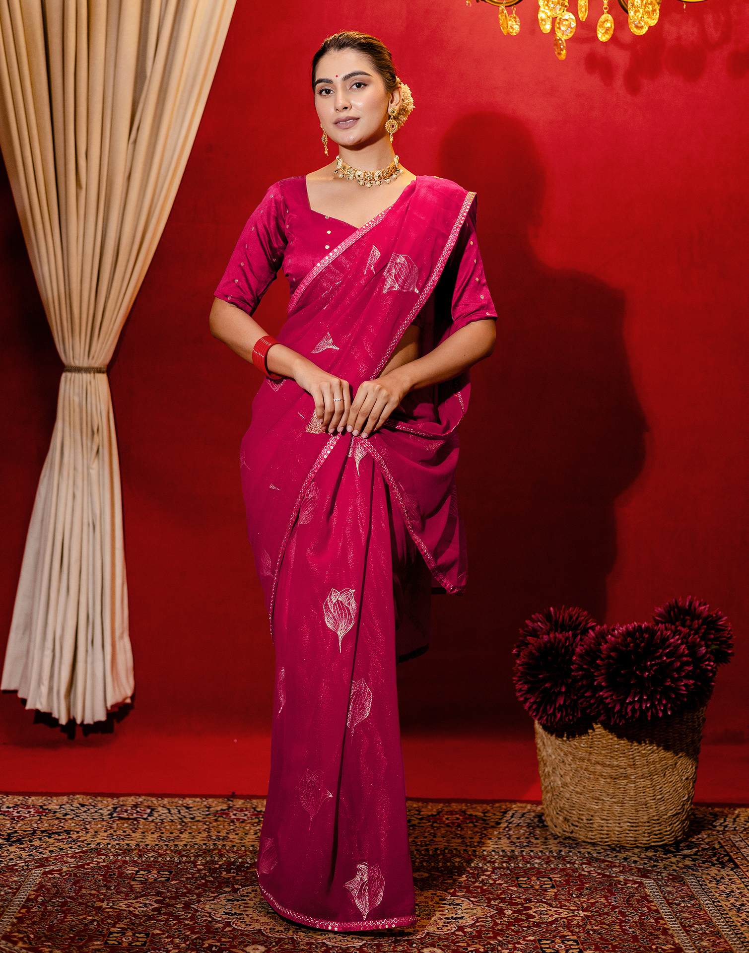 Dark Rani Pink Georgette Foil Printed Lace Saree - Image 6