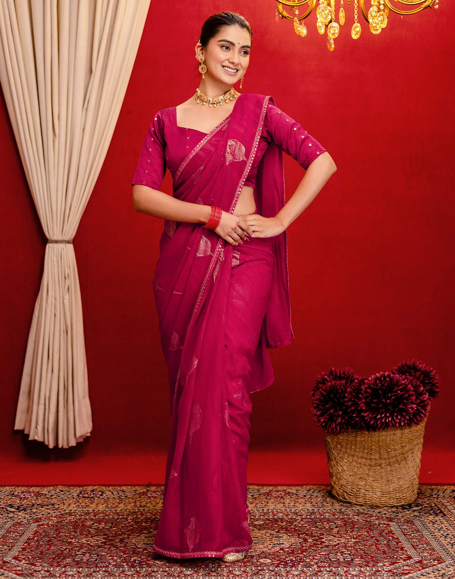 Dark Rani Pink Georgette Foil Printed Lace Saree - Image 8