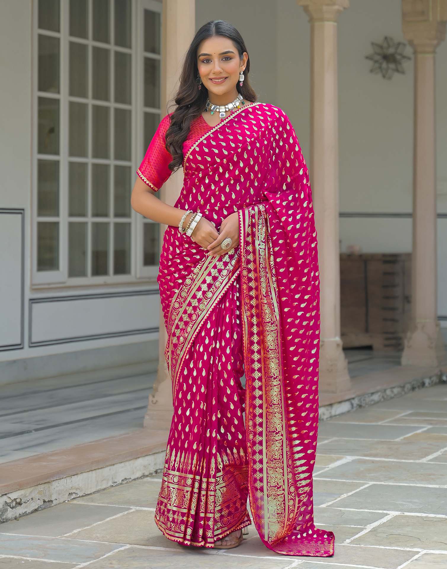 Dark Rani Pink Georgette Foil Printed Saree