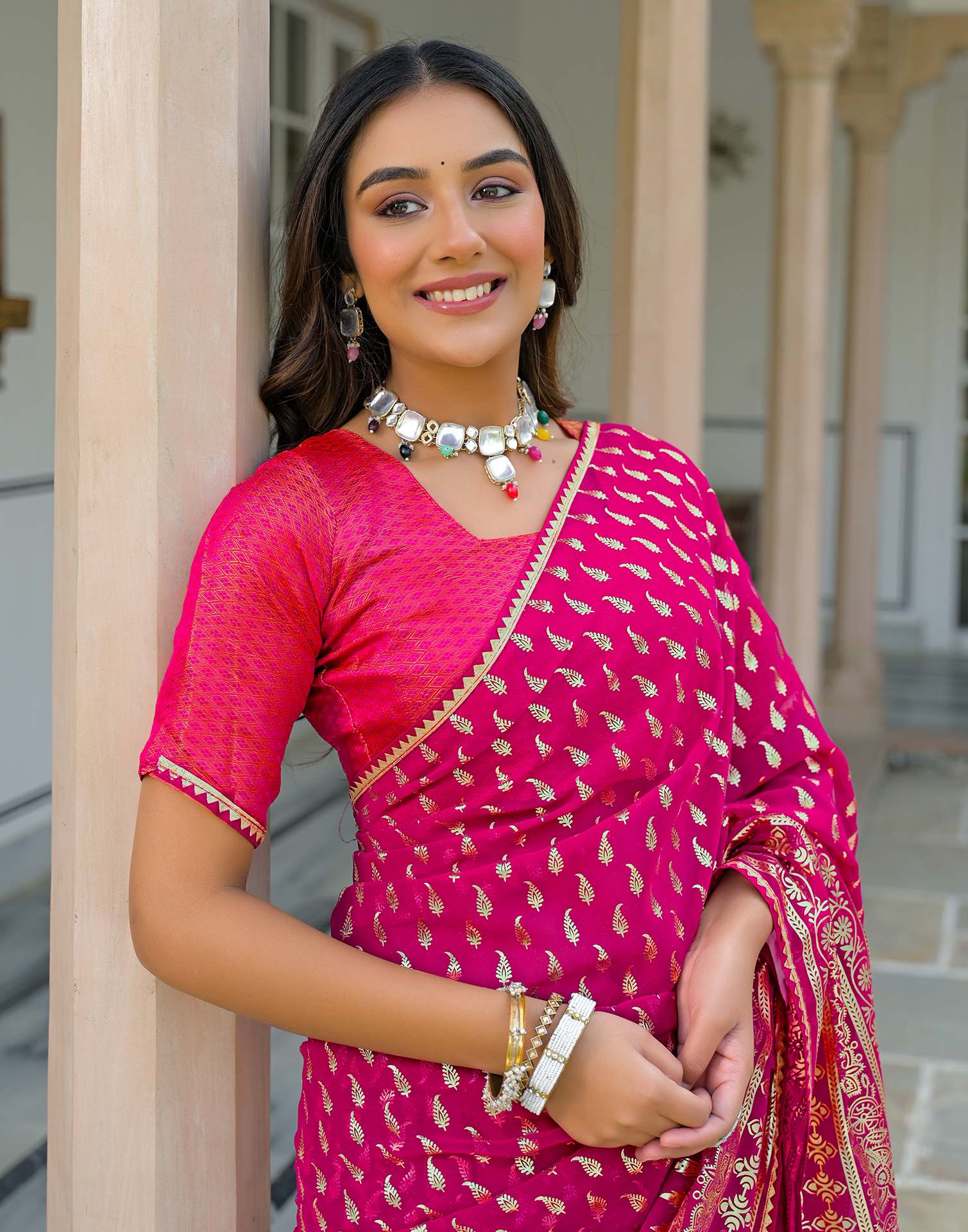 Dark Rani Pink Georgette Foil Printed Saree - Image 2