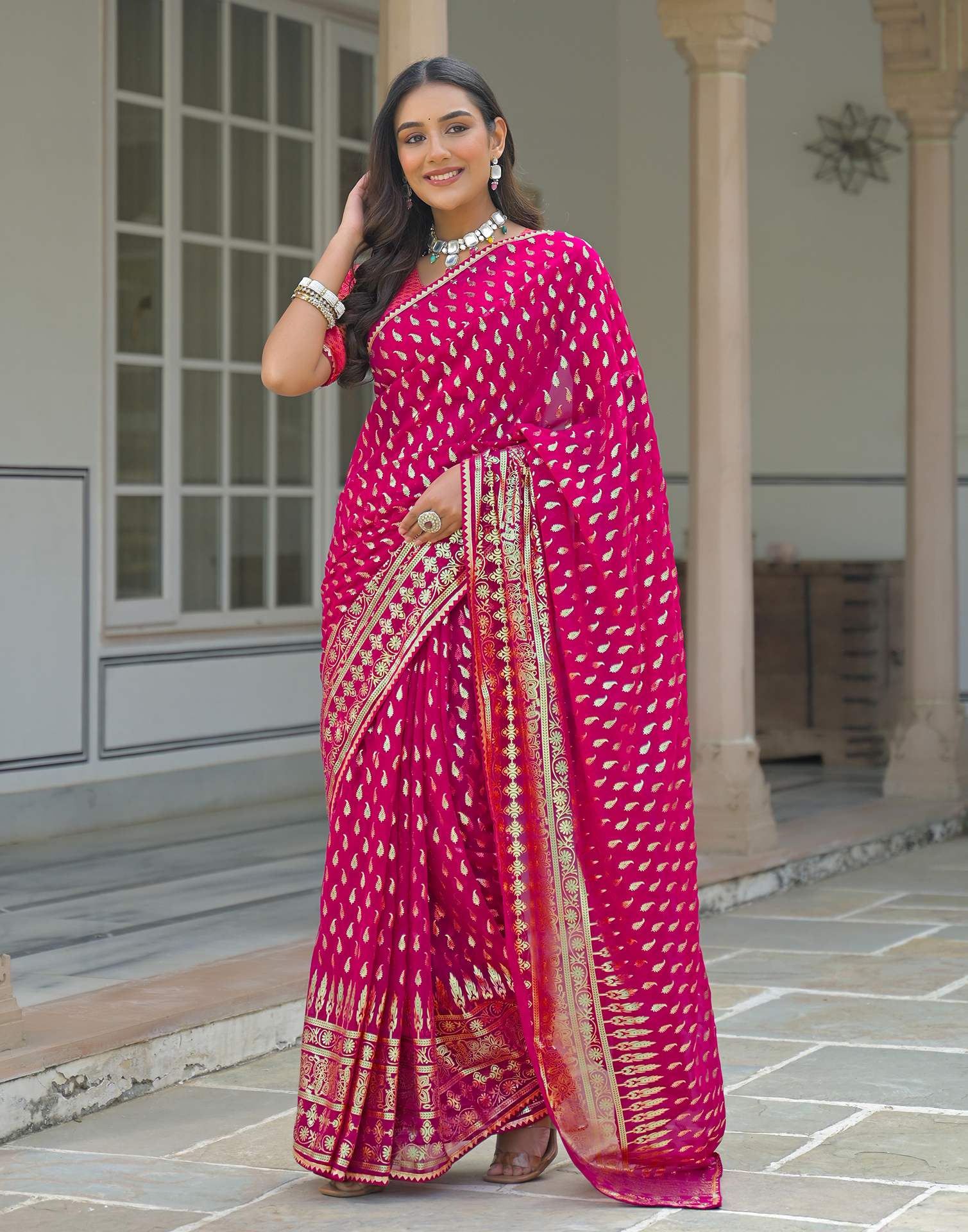 Dark Rani Pink Georgette Foil Printed Saree - Image 4