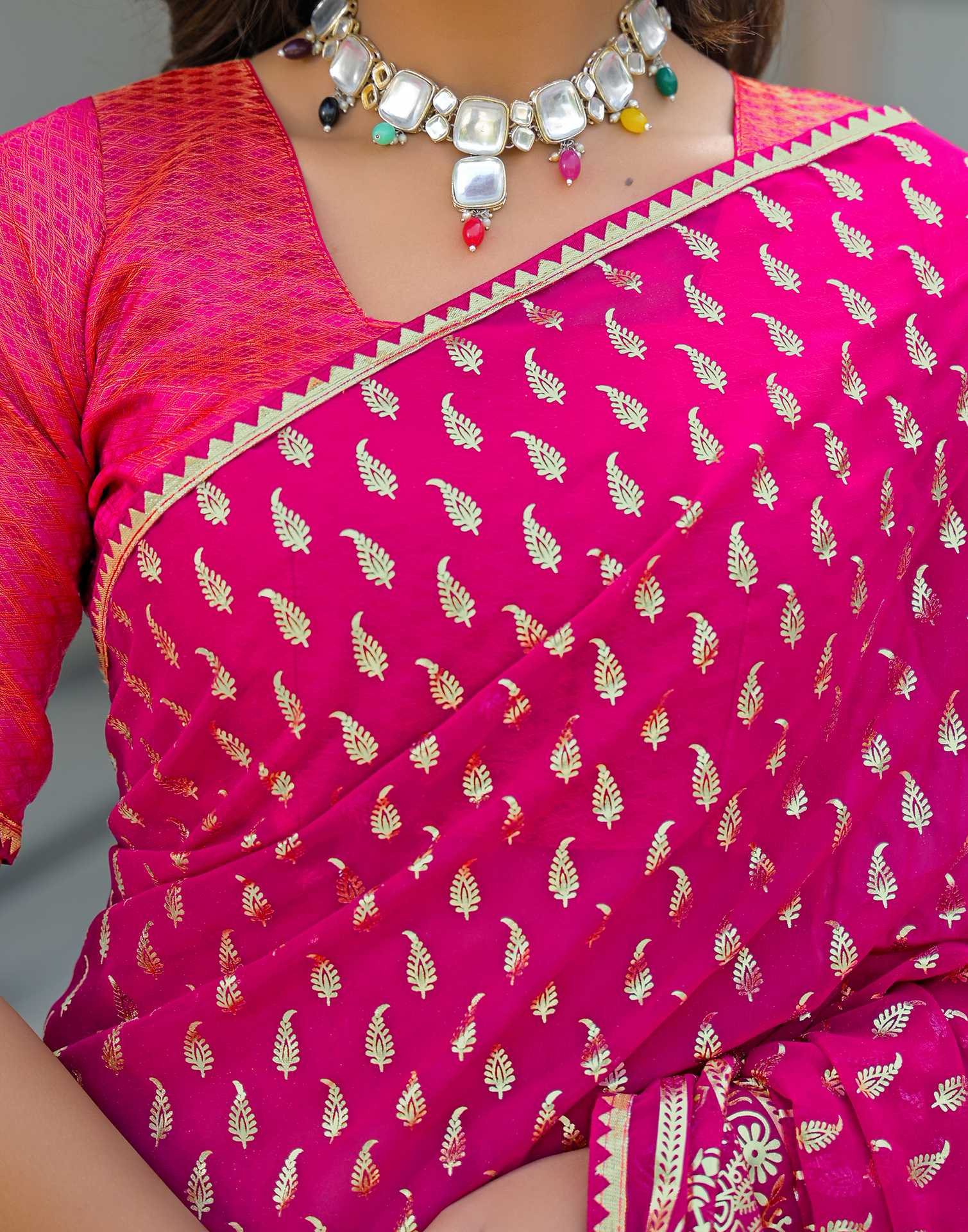 Dark Rani Pink Georgette Foil Printed Saree - Image 9
