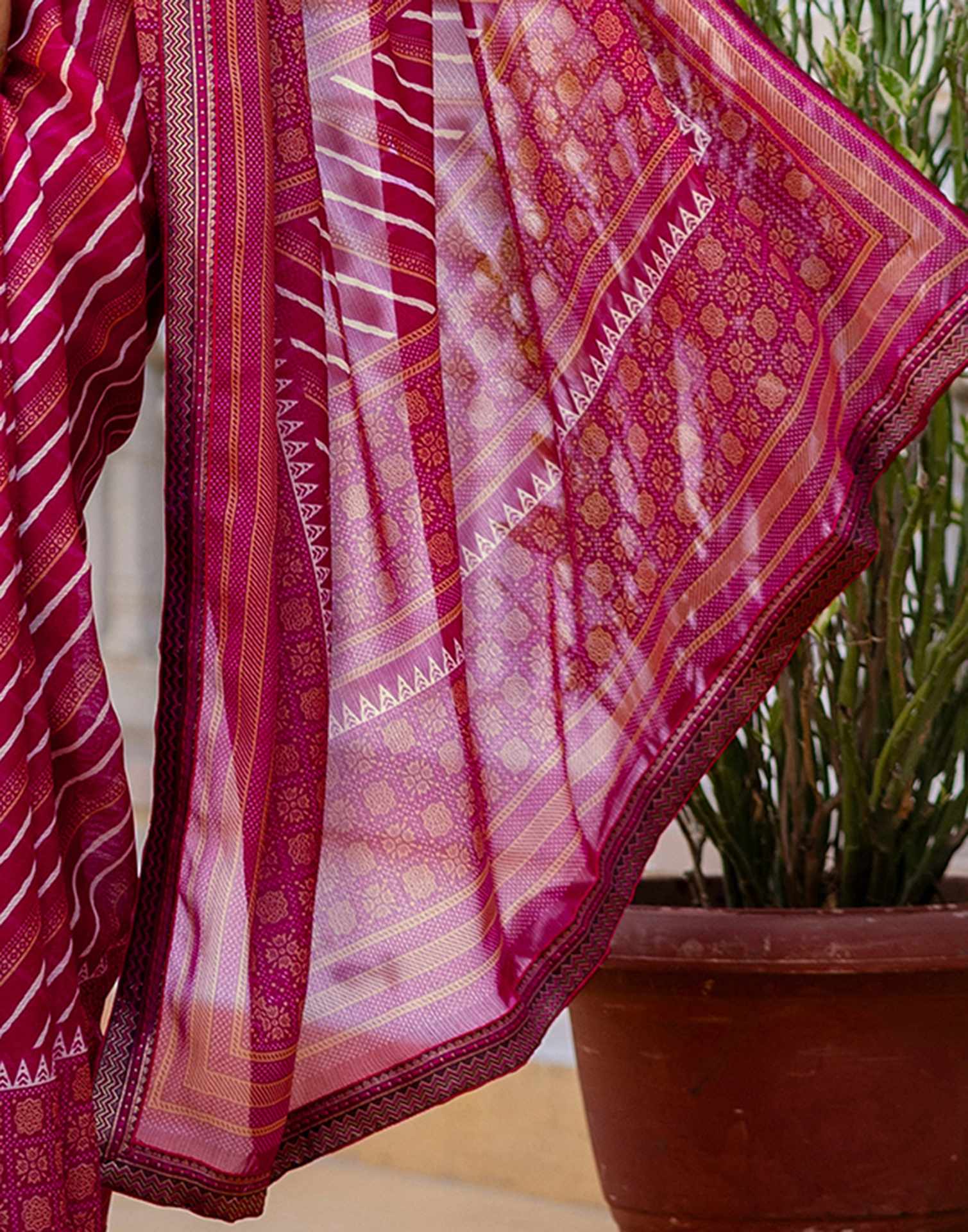 Dark Rani Pink Georgette Printed Lace Saree - Image 11