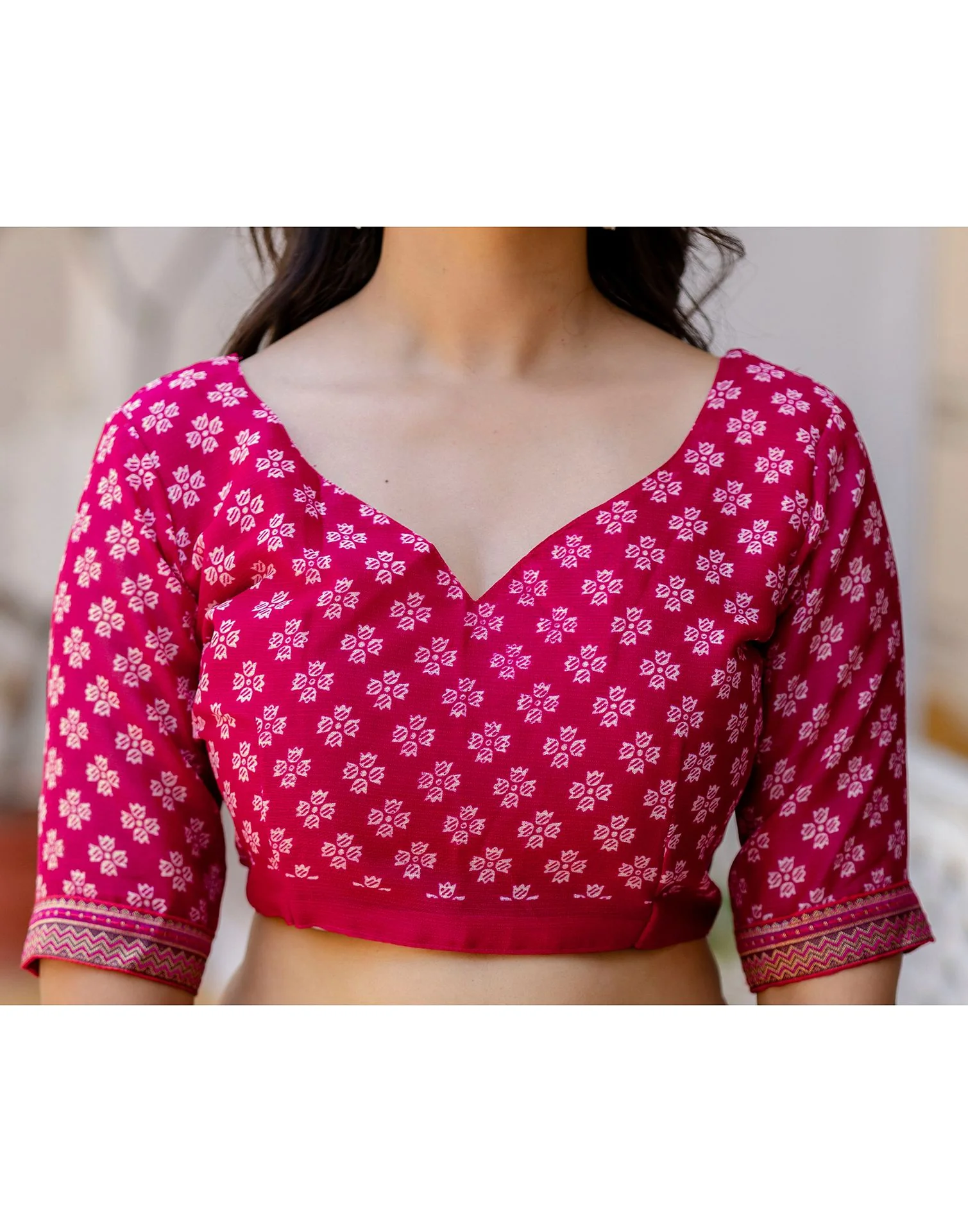 Dark Rani Pink Georgette Printed Lace Saree - Image 12