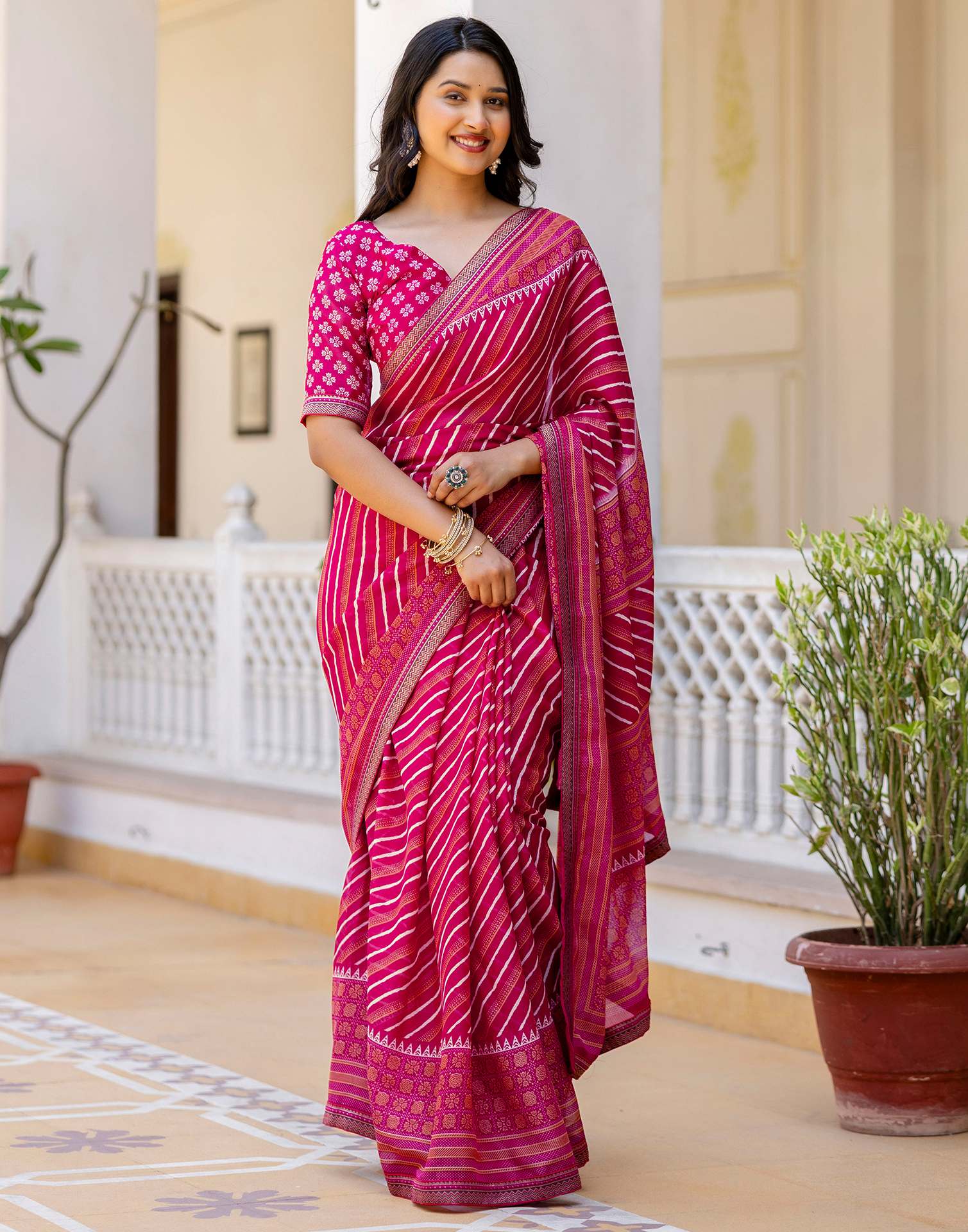 Dark Rani Pink Georgette Printed Lace Saree - Image 4