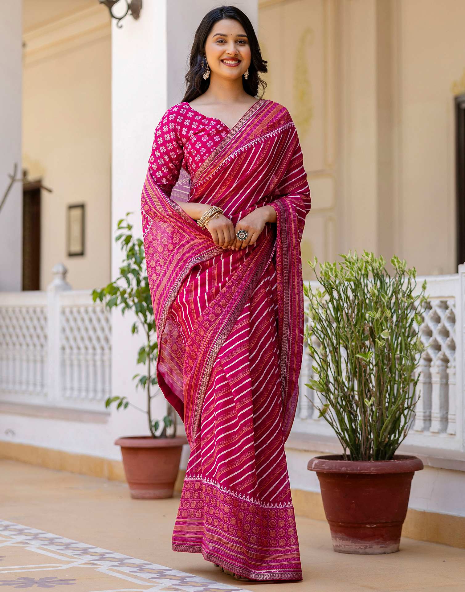 Dark Rani Pink Georgette Printed Lace Saree - Image 5