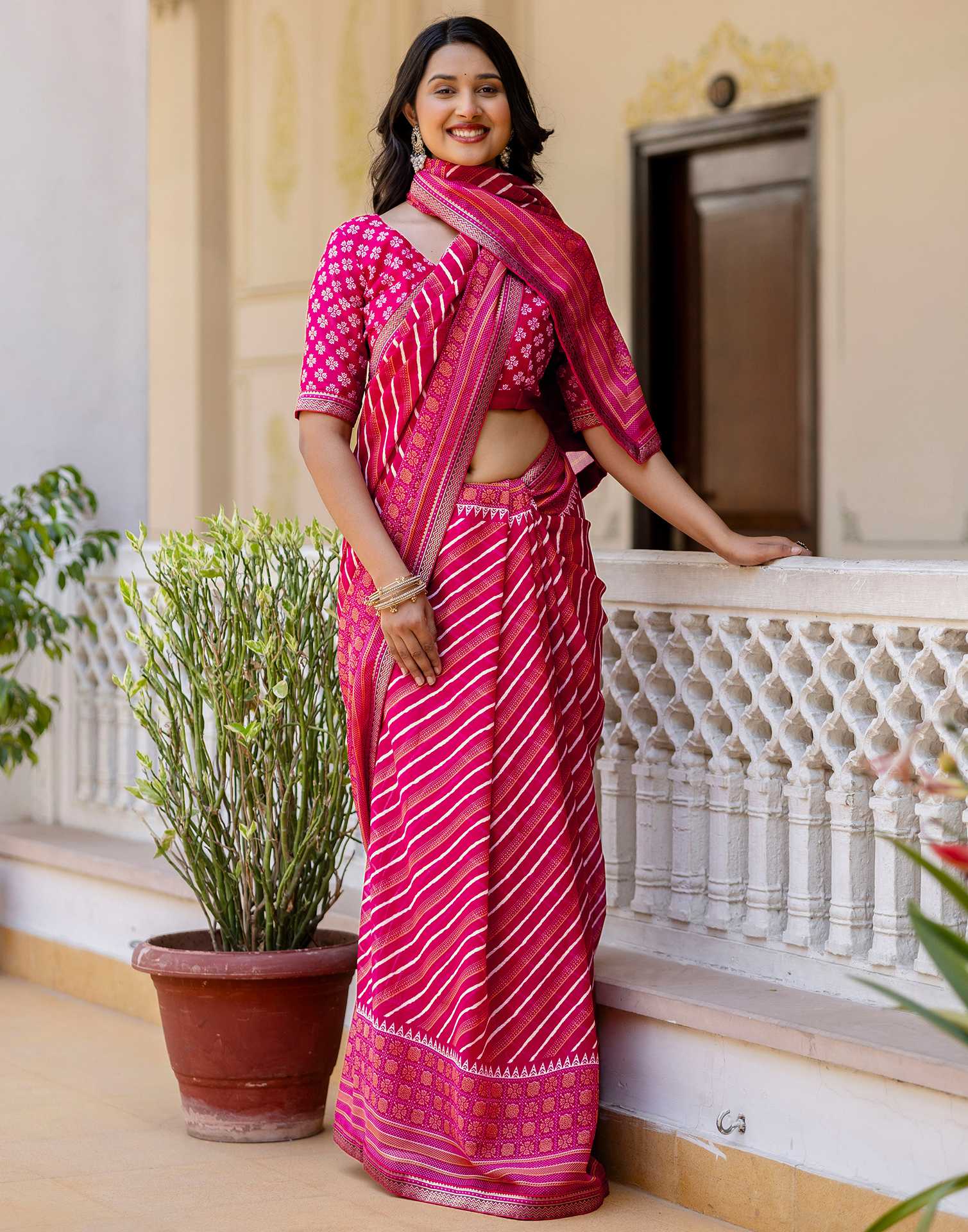Dark Rani Pink Georgette Printed Lace Saree - Image 7