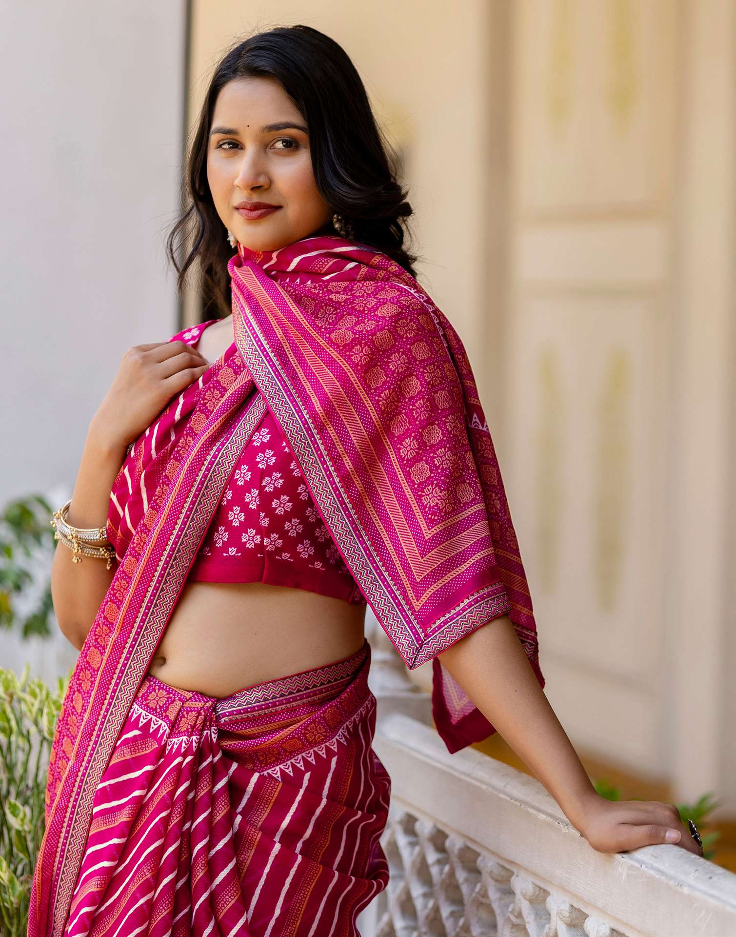 Dark Rani Pink Georgette Printed Lace Saree - Image 9