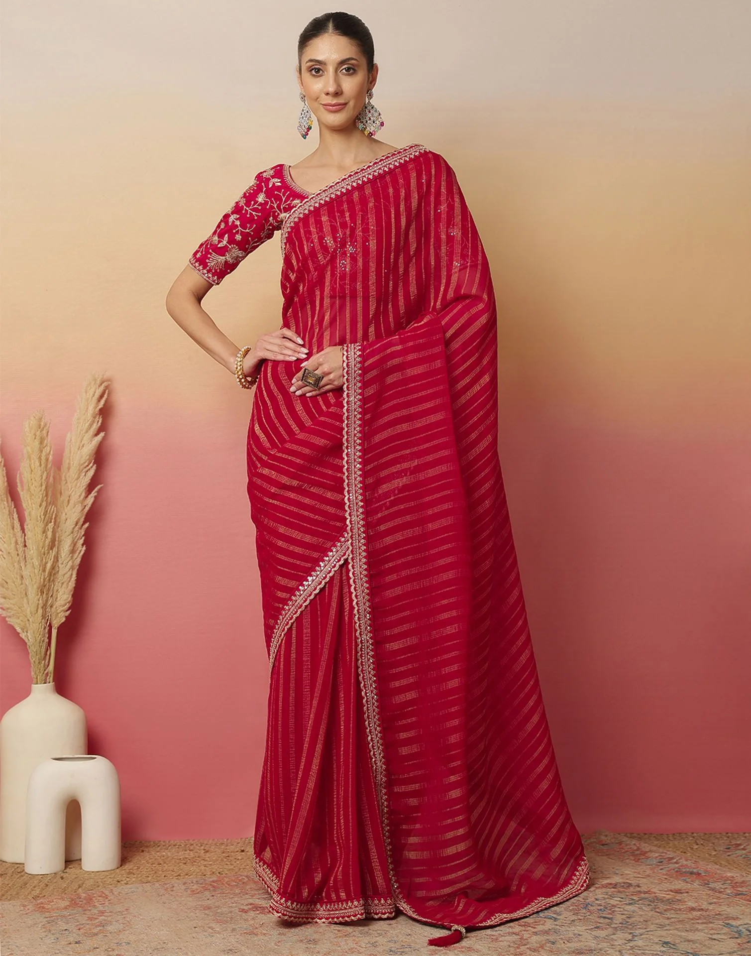 Dark Rani Pink Georgette Zari Stripe Lace Saree