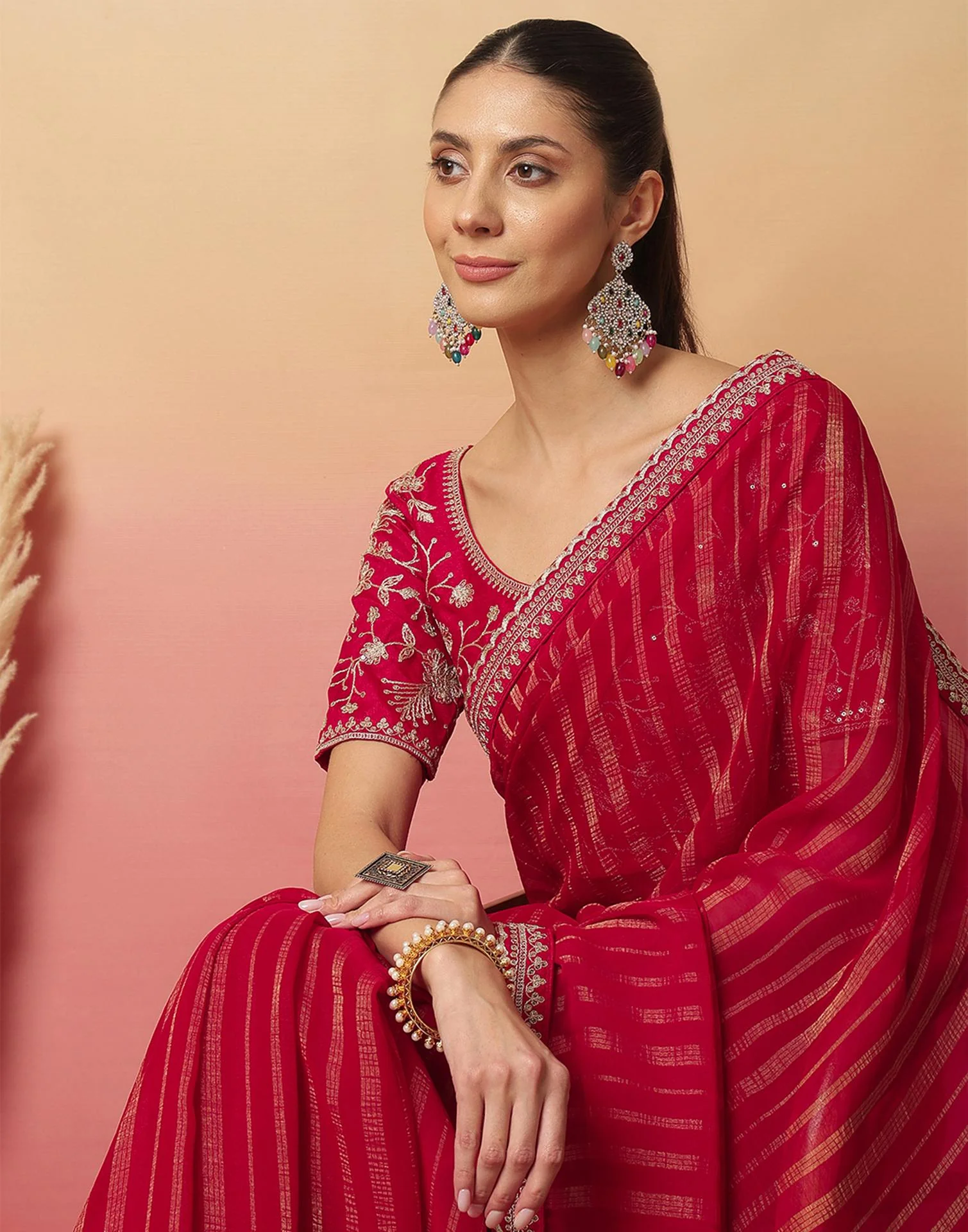 Dark Rani Pink Georgette Zari Stripe Lace Saree - Image 2