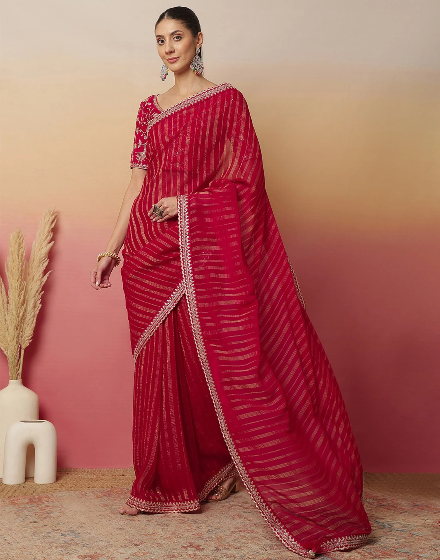 Dark Rani Pink Georgette Zari Stripe Lace Saree - Image 4