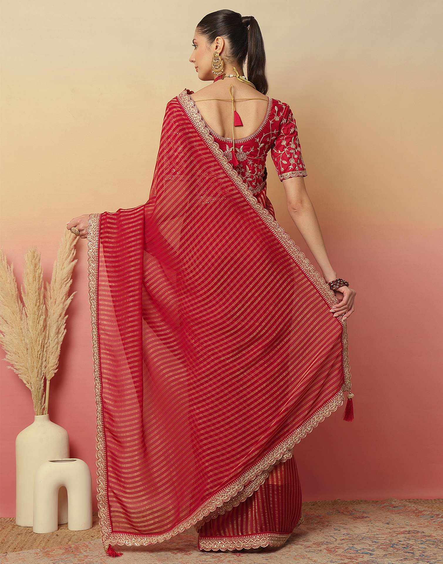 Dark Rani Pink Georgette Zari Stripe Lace Saree - Image 5