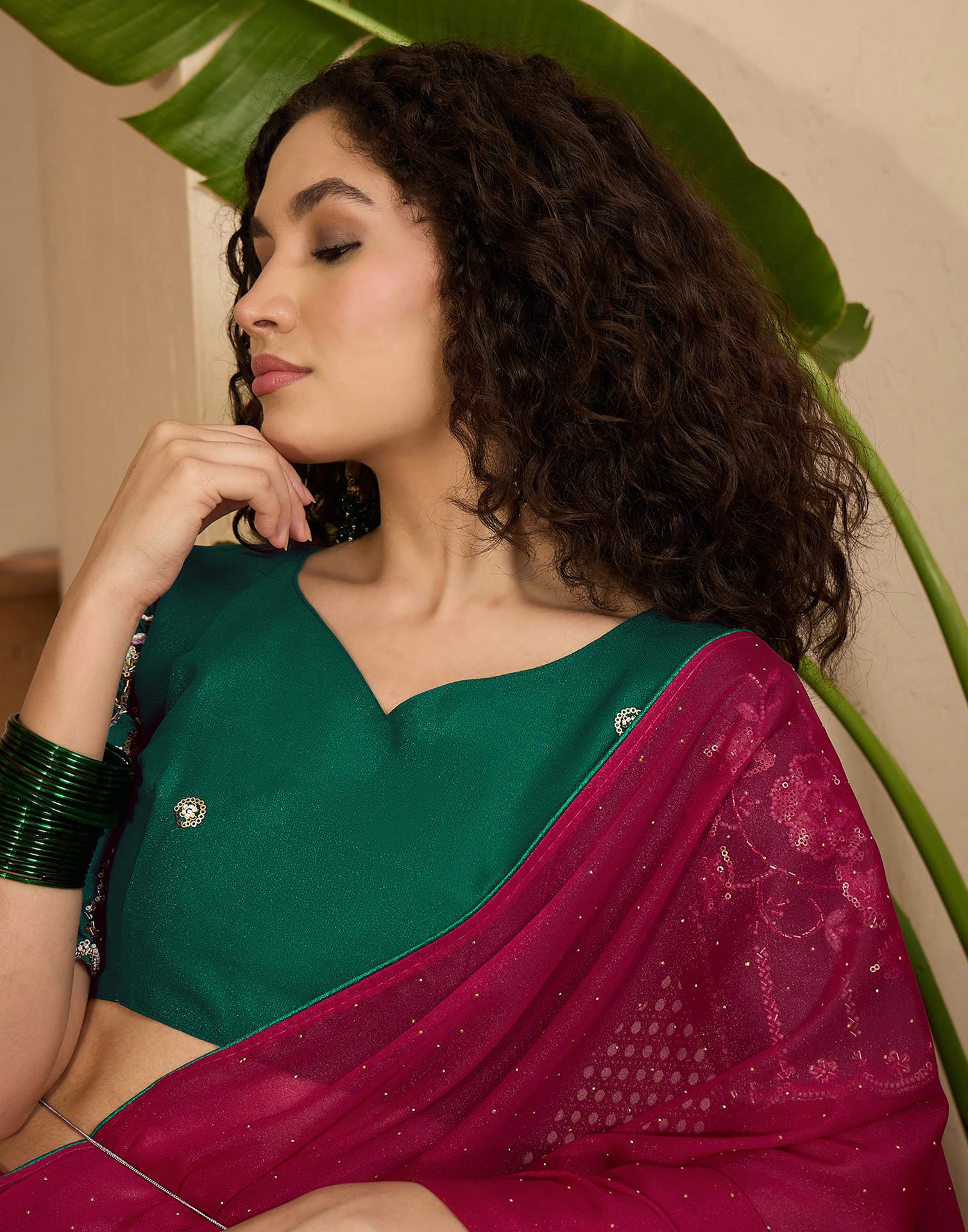 Dark Rani Pink Shimmer Stone Work Embellished saree - Image 2