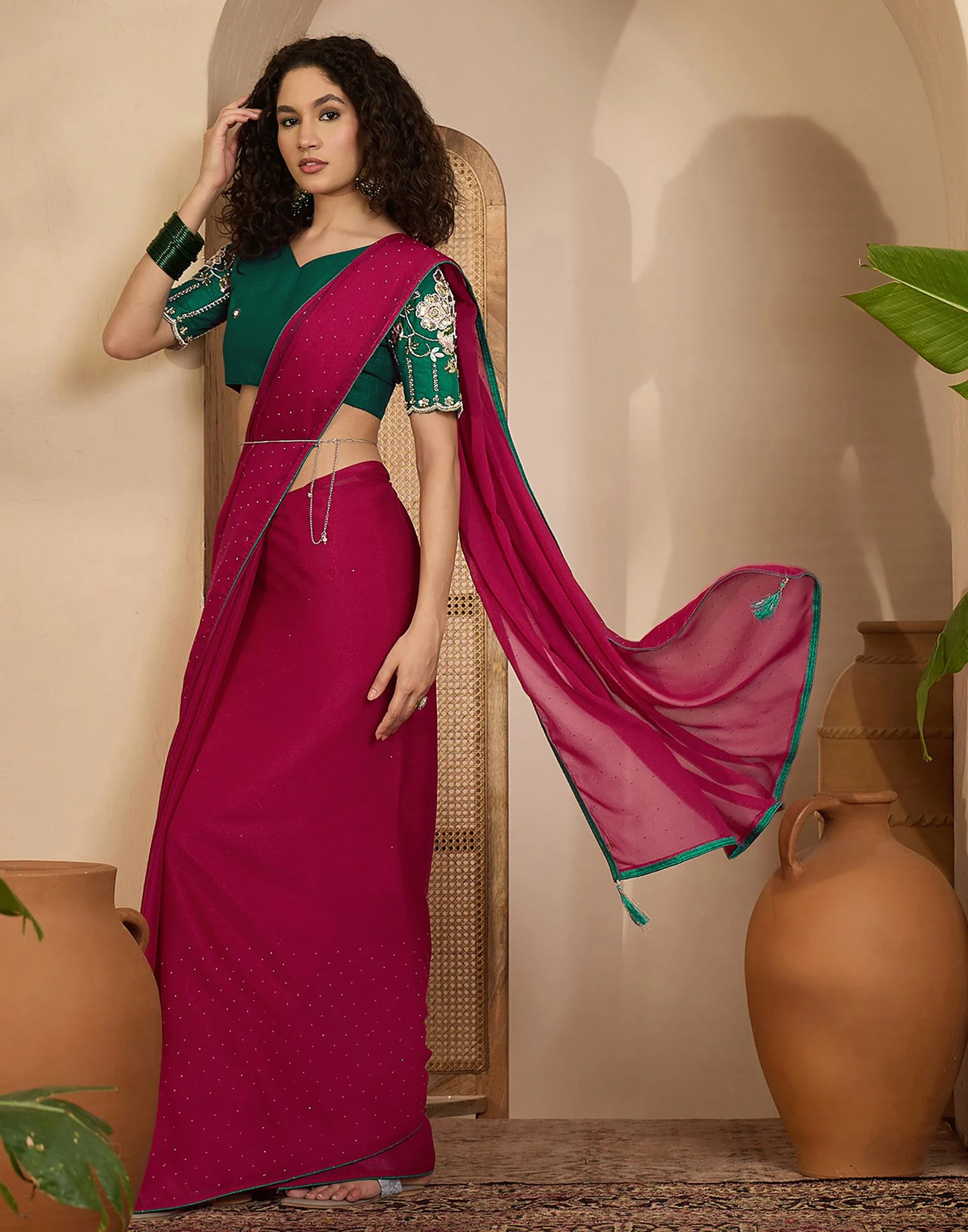 Dark Rani Pink Shimmer Stone Work Embellished saree - Image 4