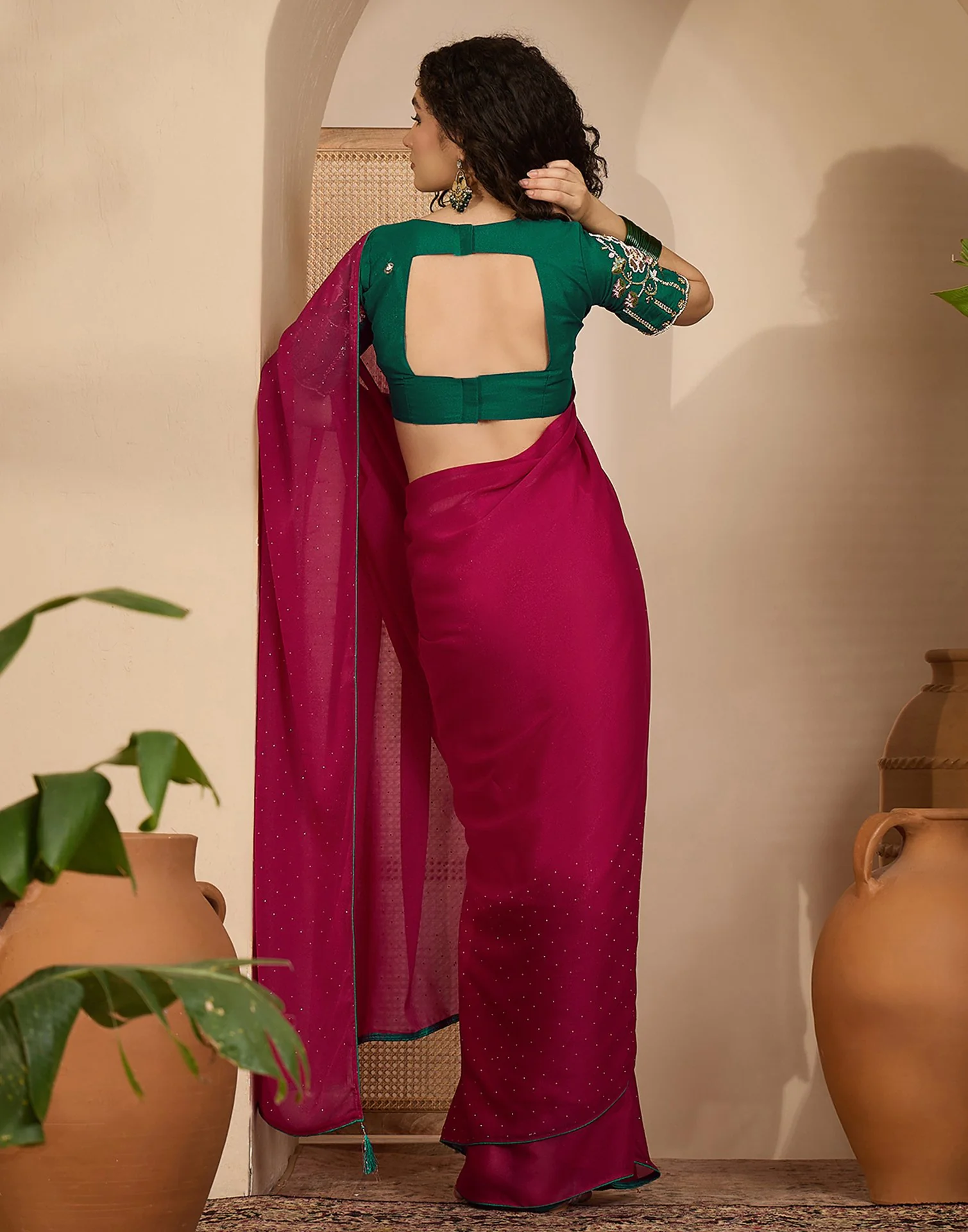 Dark Rani Pink Shimmer Stone Work Embellished saree - Image 6