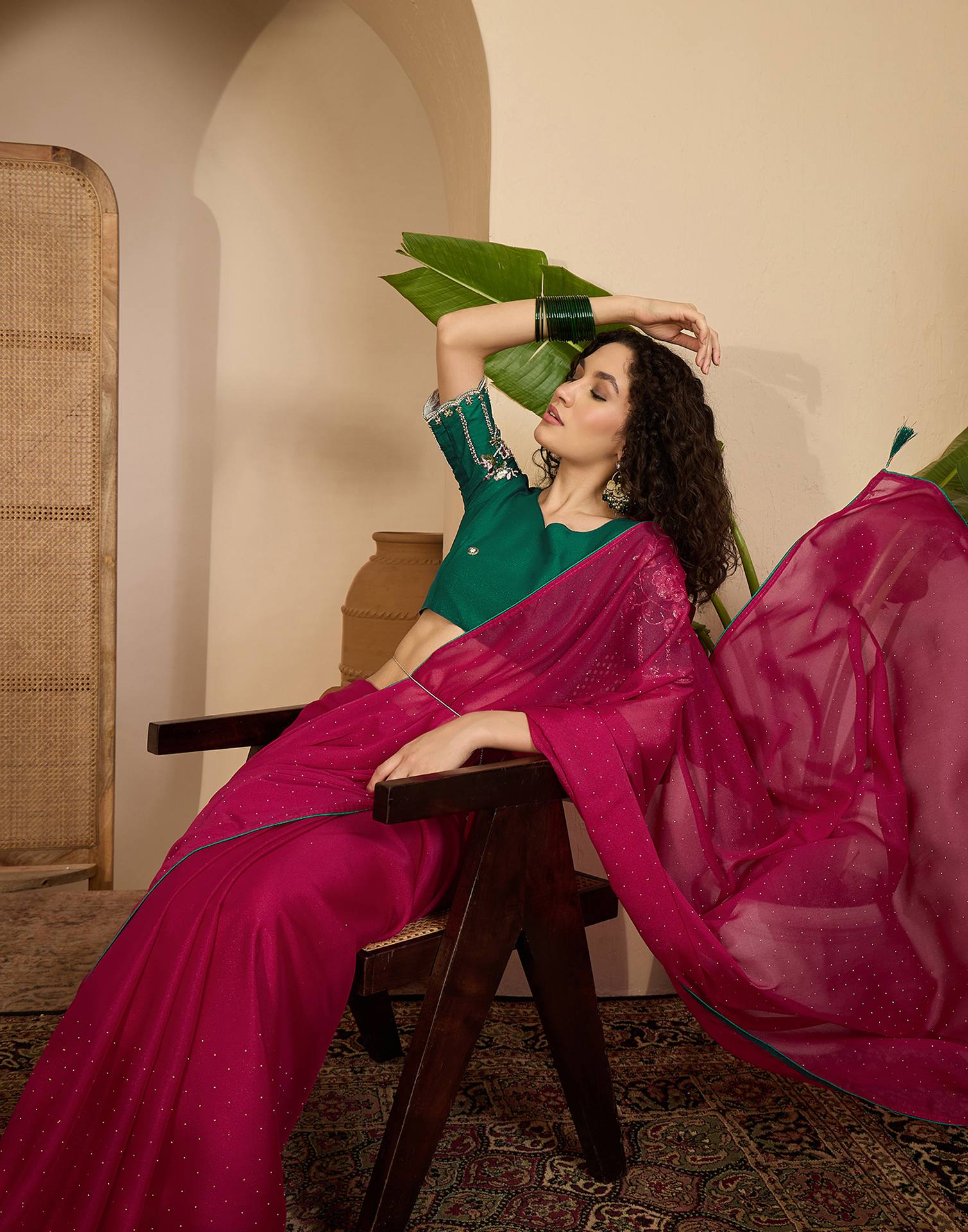 Dark Rani Pink Shimmer Stone Work Embellished saree - Image 7
