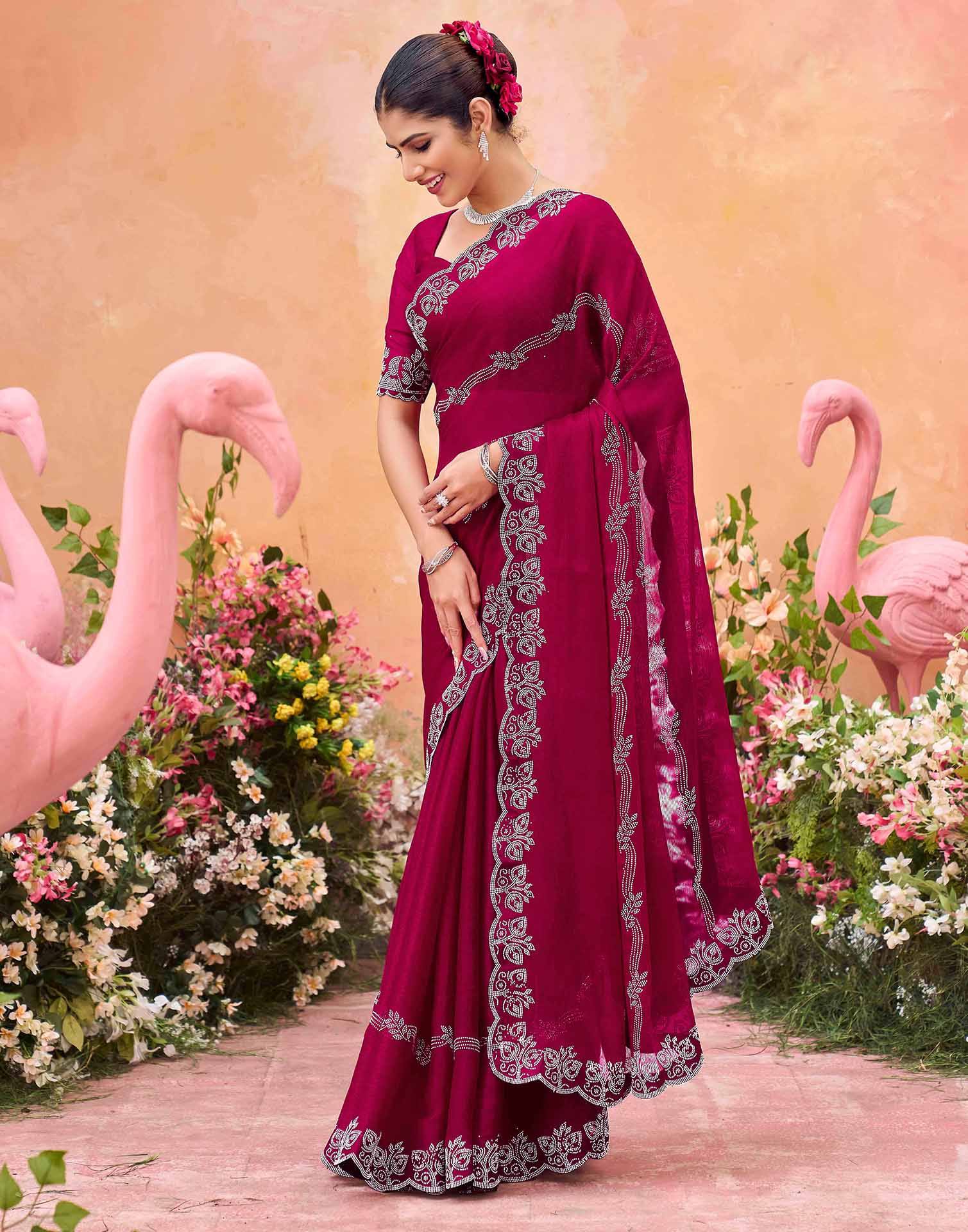 Dark Rani Pink Shimmer Stone Work Embellished Saree - Image 4