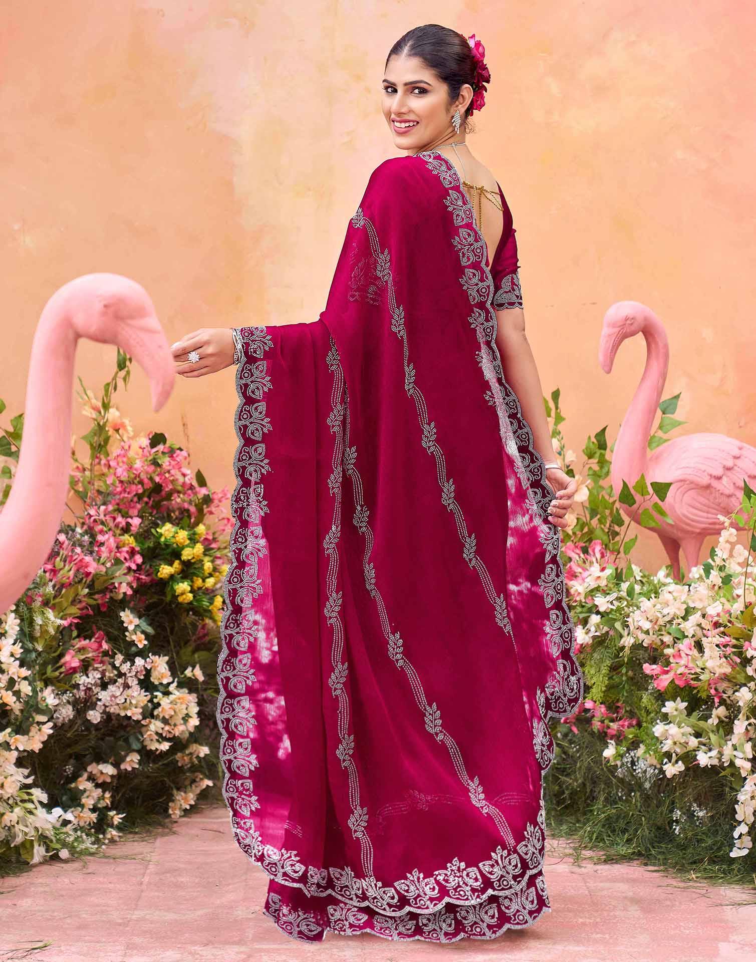 Dark Rani Pink Shimmer Stone Work Embellished Saree - Image 6