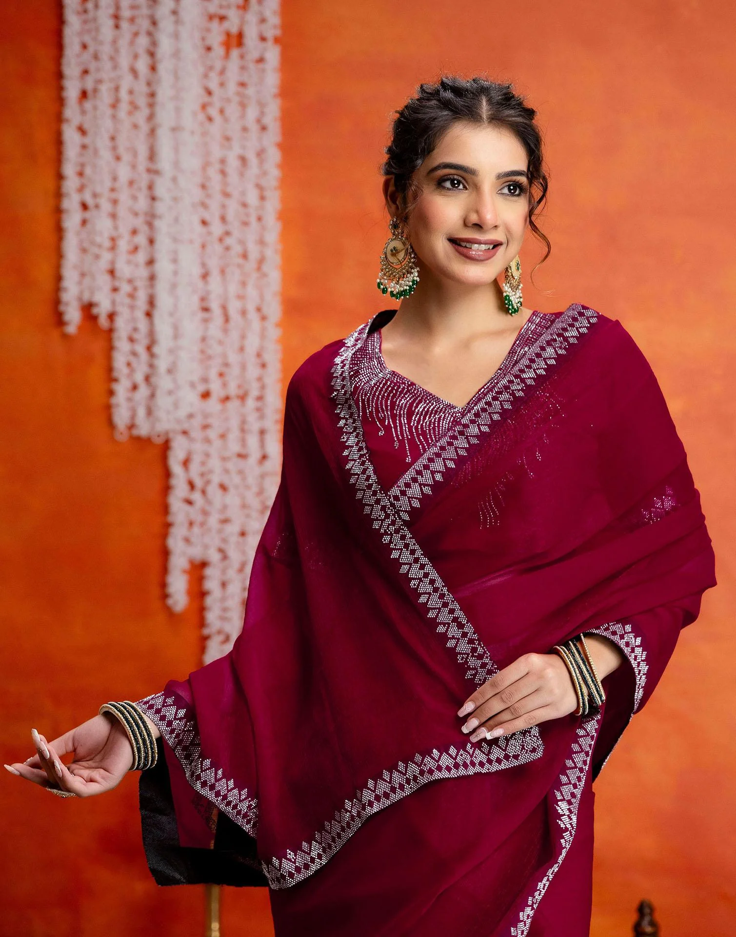 Dark Rani Pink Shimmer Stone Work Swarovski Saree