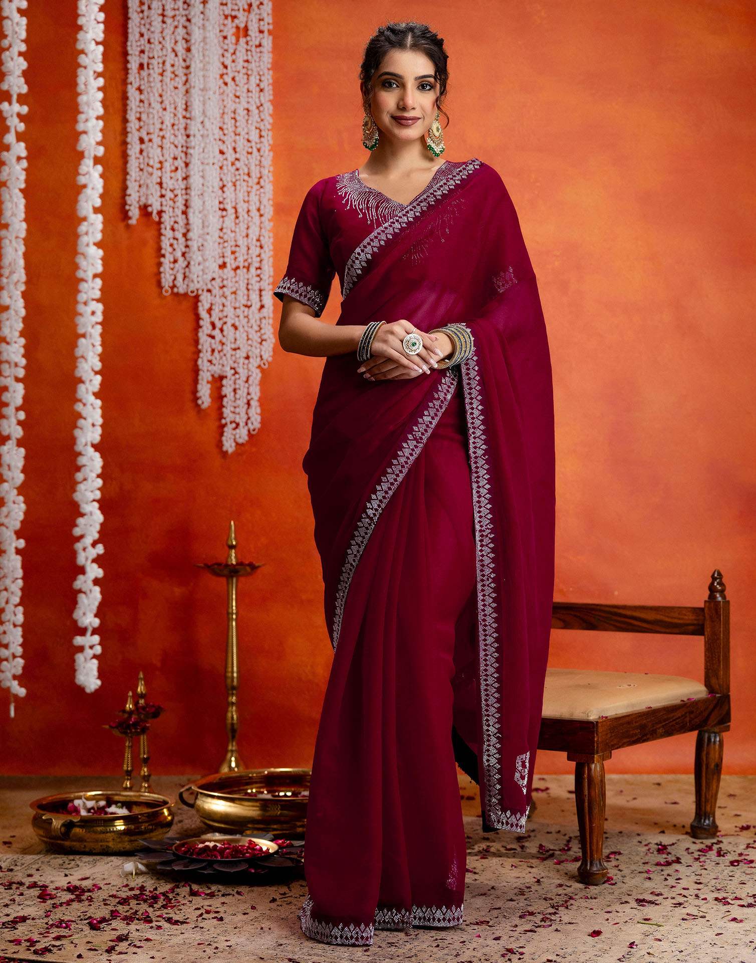 Dark Rani Pink Shimmer Stone Work Swarovski Saree - Image 2