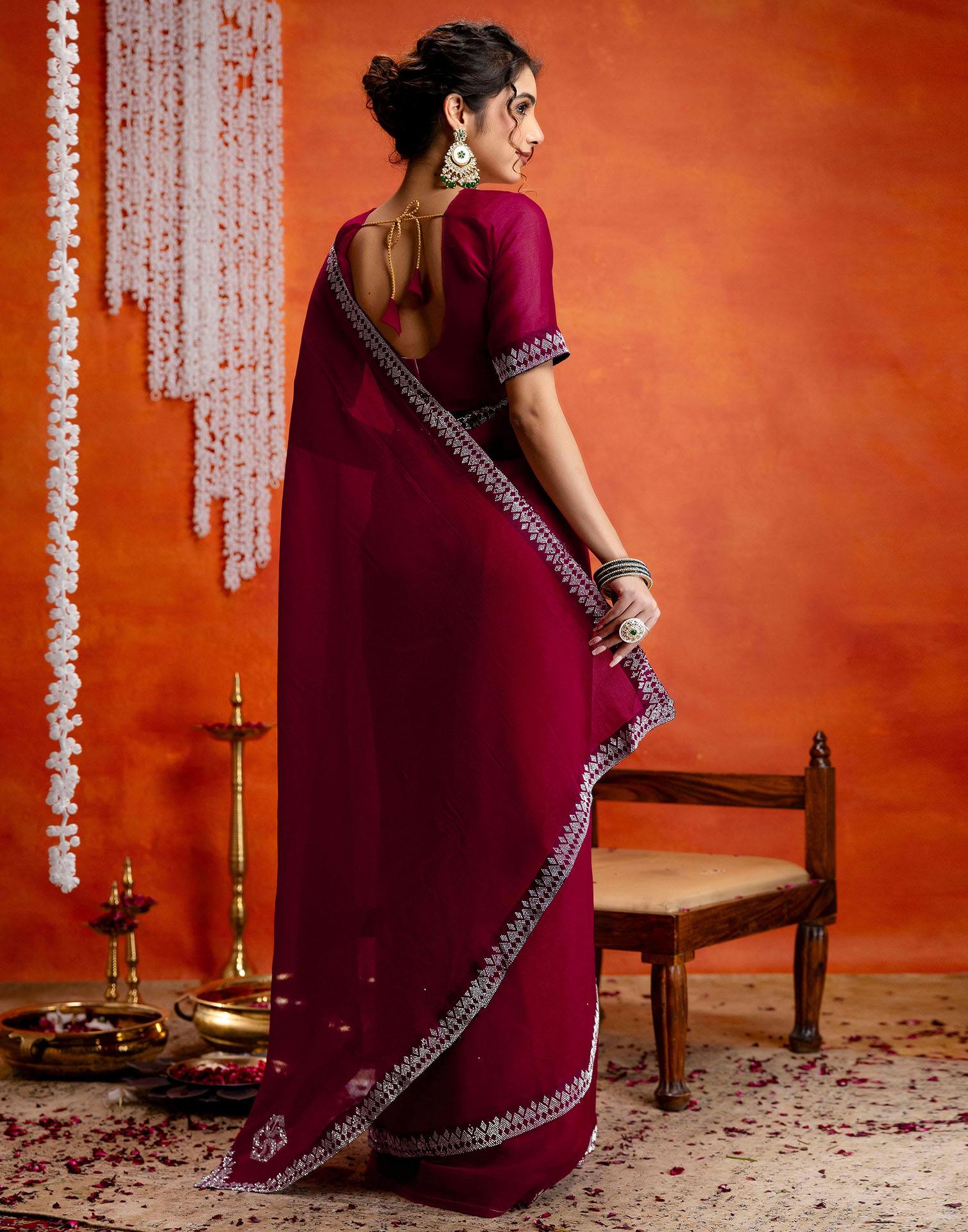 Dark Rani Pink Shimmer Stone Work Swarovski Saree - Image 6