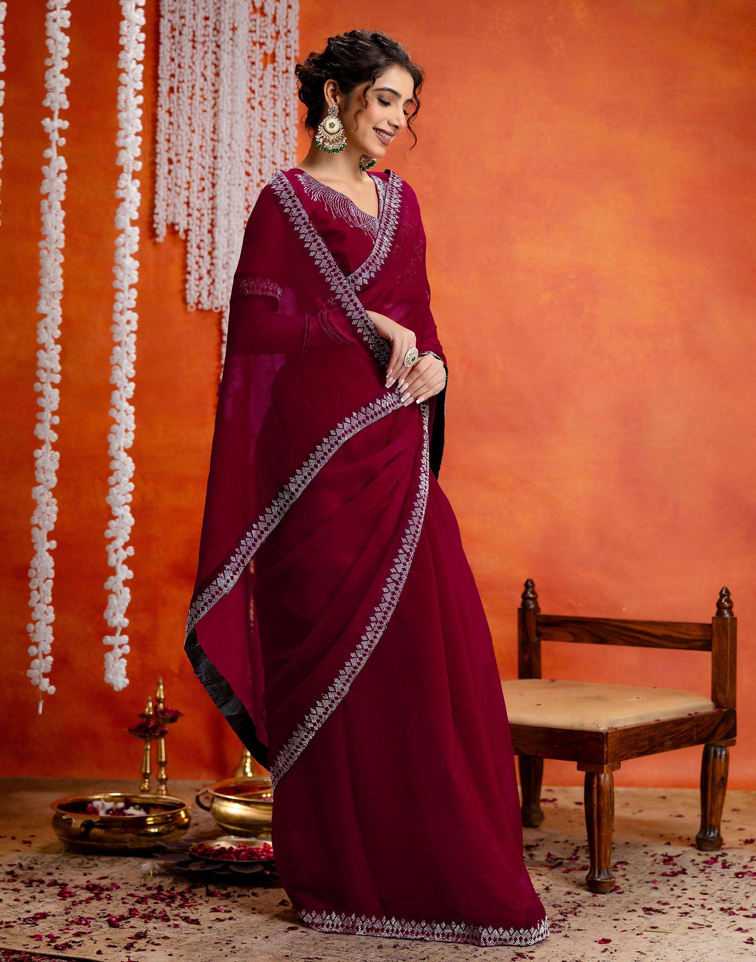 Dark Rani Pink Shimmer Stone Work Swarovski Saree - Image 7