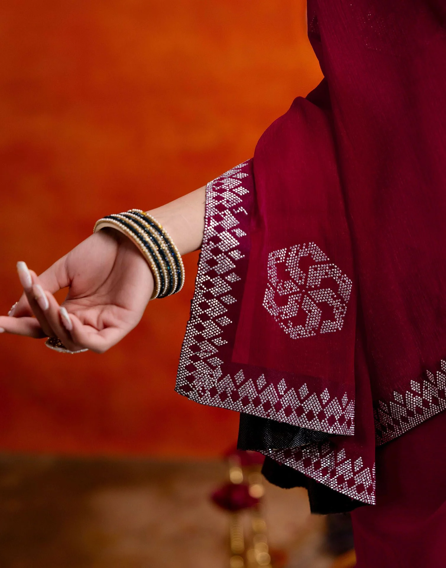Dark Rani Pink Shimmer Stone Work Swarovski Saree - Image 8