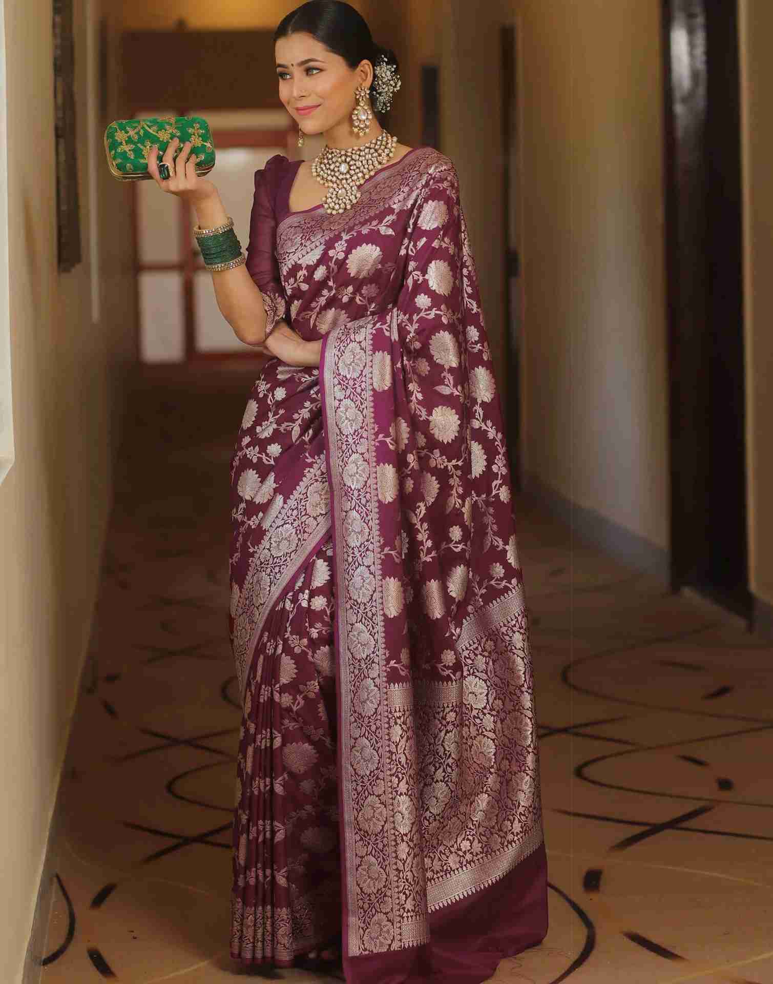 Dark Rani Pink Silk Woven Banarasi Saree - Image 6