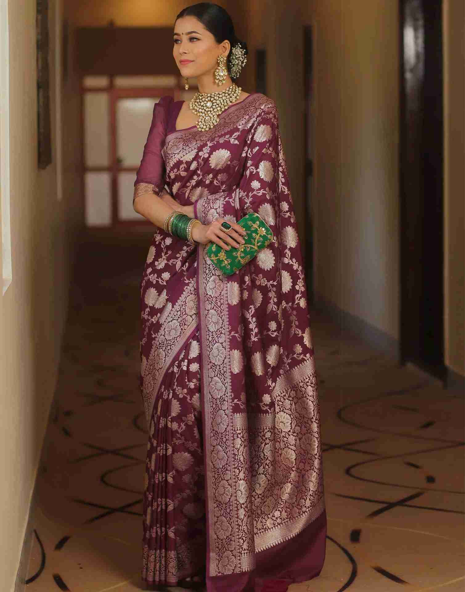 Dark Rani Pink Silk Woven Banarasi Saree - Image 7