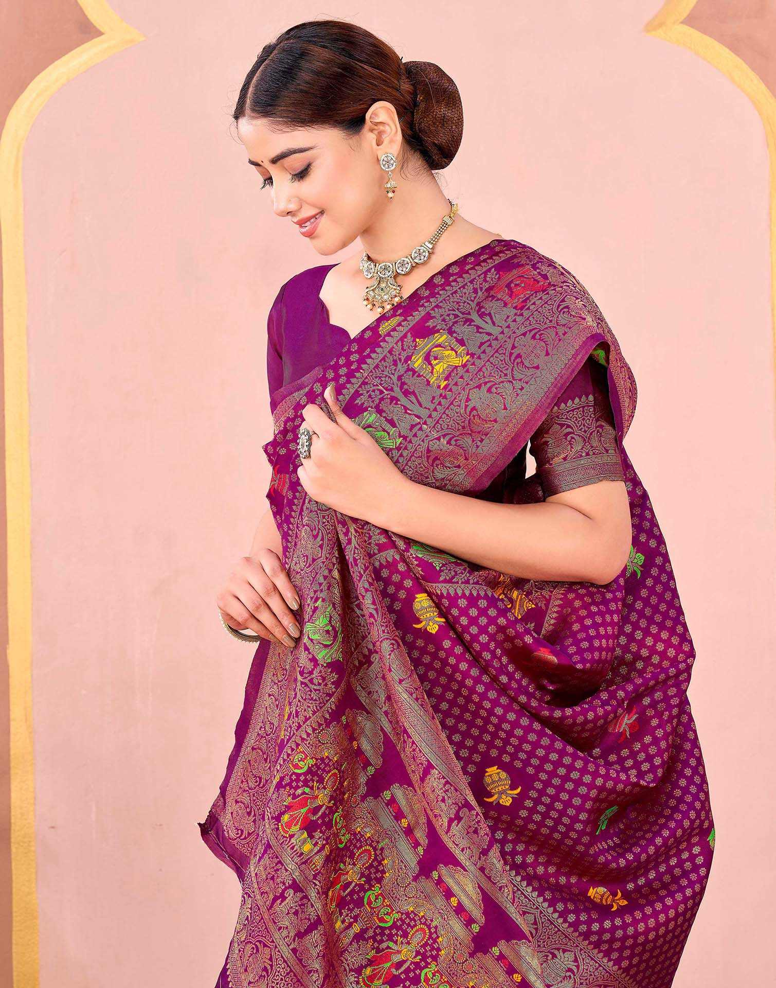 Dark Rani Pink Silk Woven Banarasi Saree - Image 2