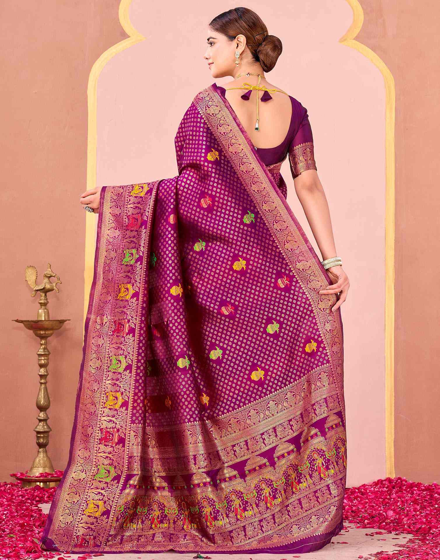 Dark Rani Pink Silk Woven Banarasi Saree - Image 6