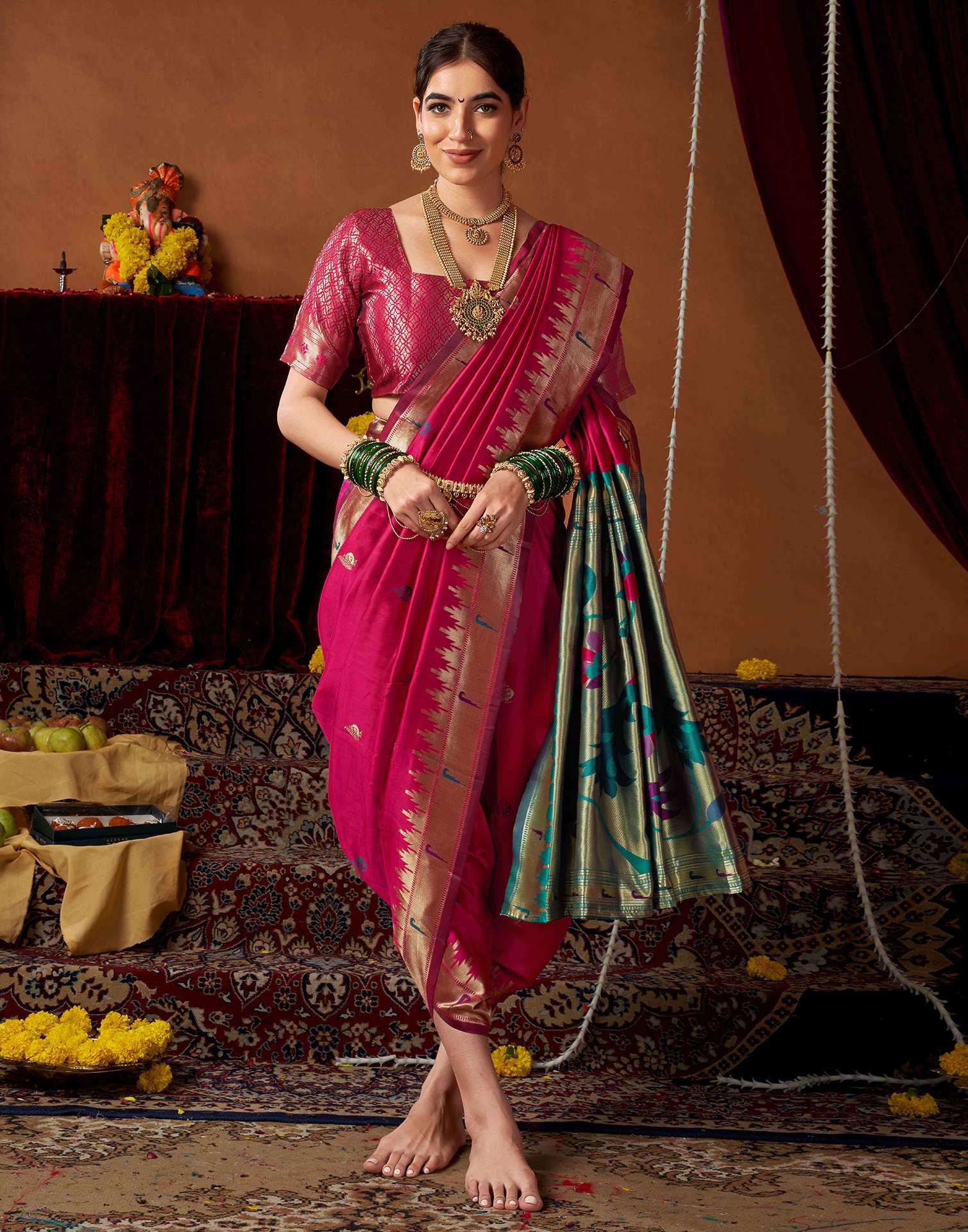 Dark Rani Pink Silk Paithani Chaturthi Saree - Image 4