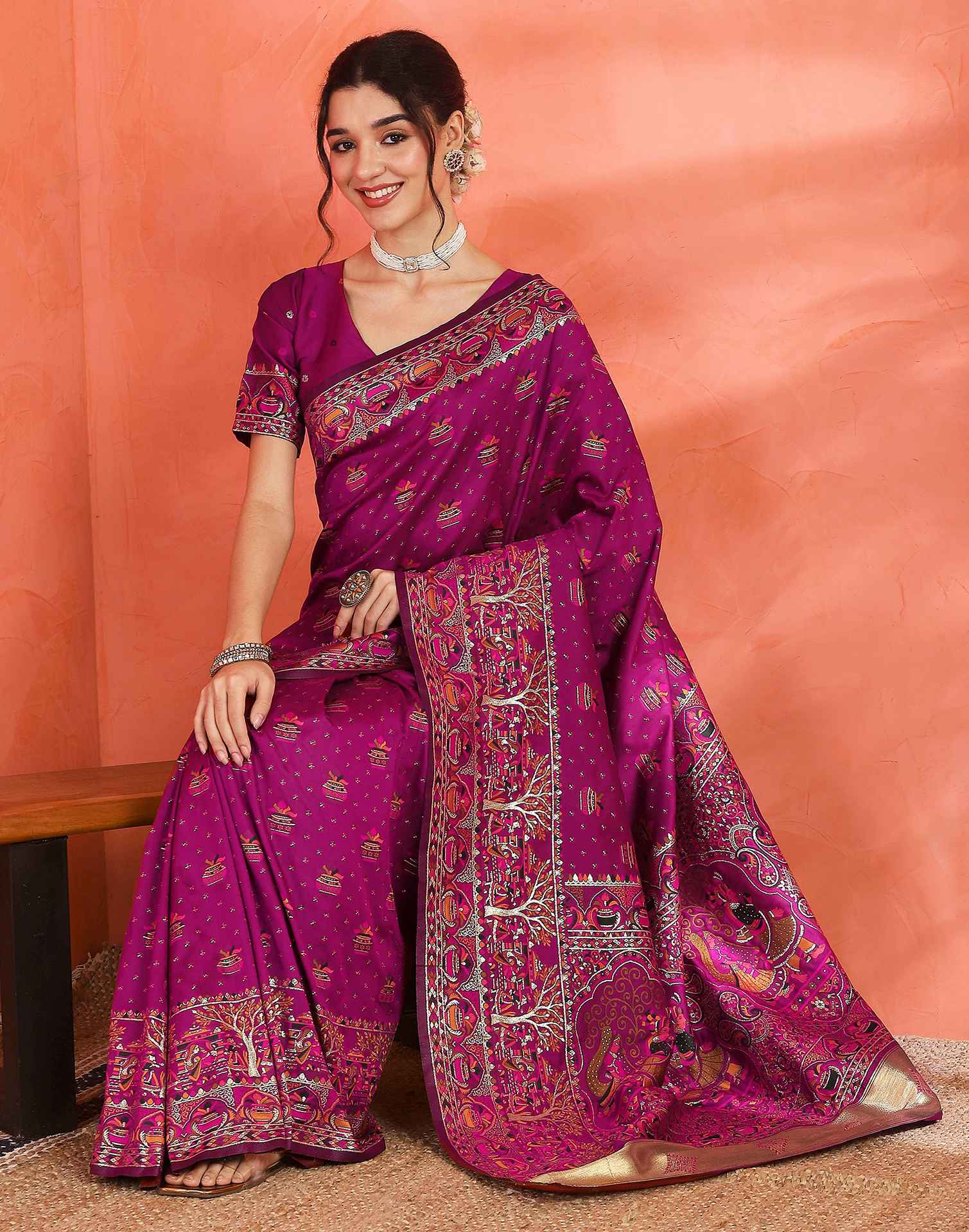 Dark Rani Pink Silk Woven Saree - Image 5