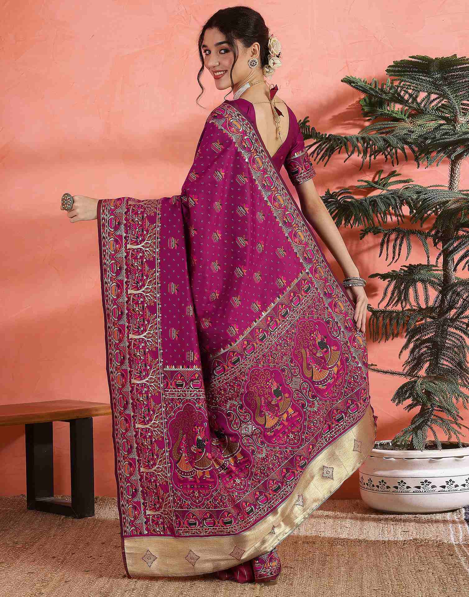 Dark Rani Pink Silk Woven Saree - Image 6