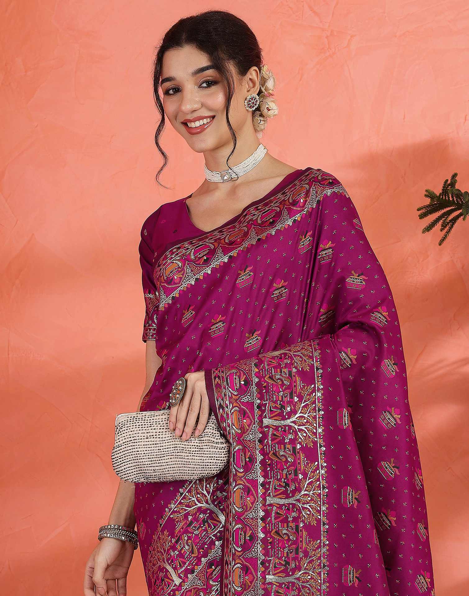 Dark Rani Pink Silk Woven Saree - Image 7