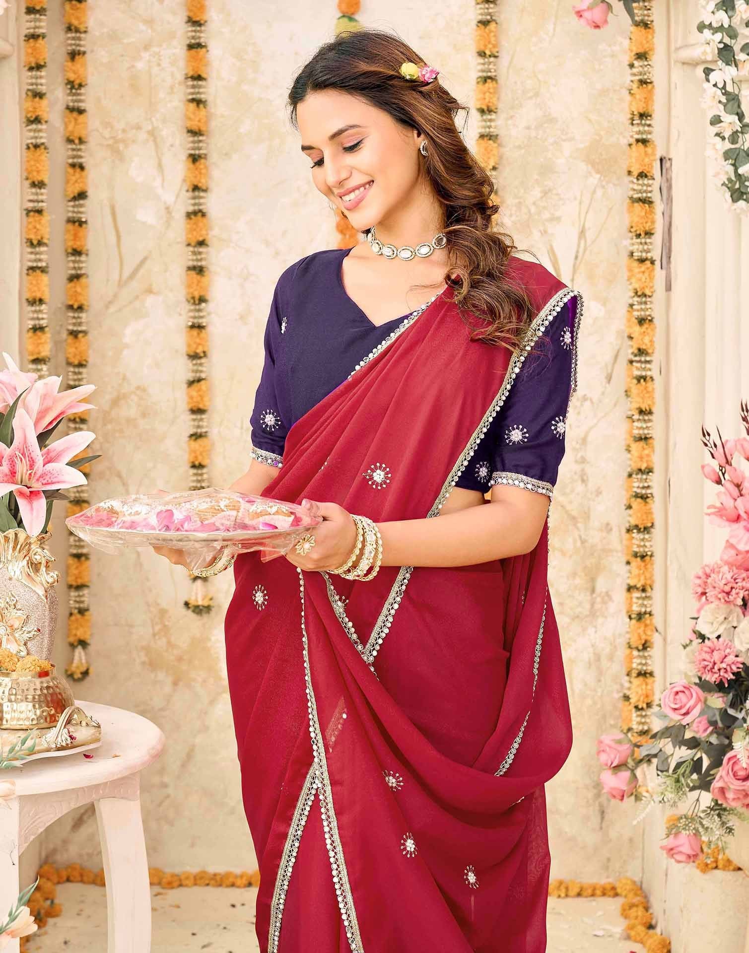 Dark Red Georgette Embroidery Saree - Image 2