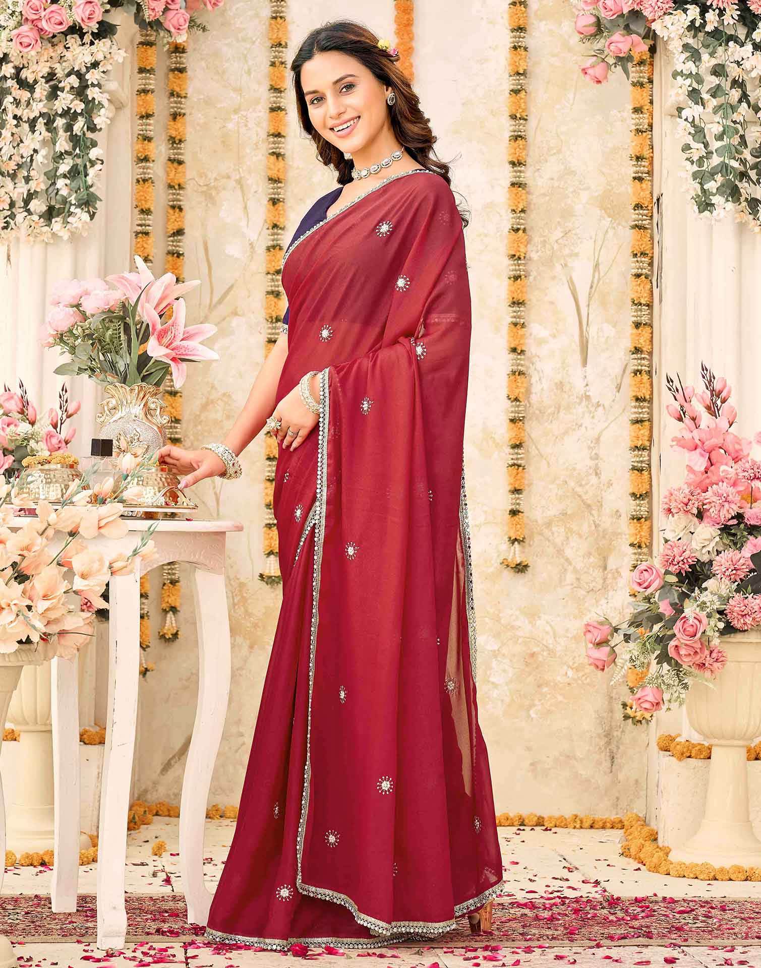 Dark Red Georgette Embroidery Saree - Image 6