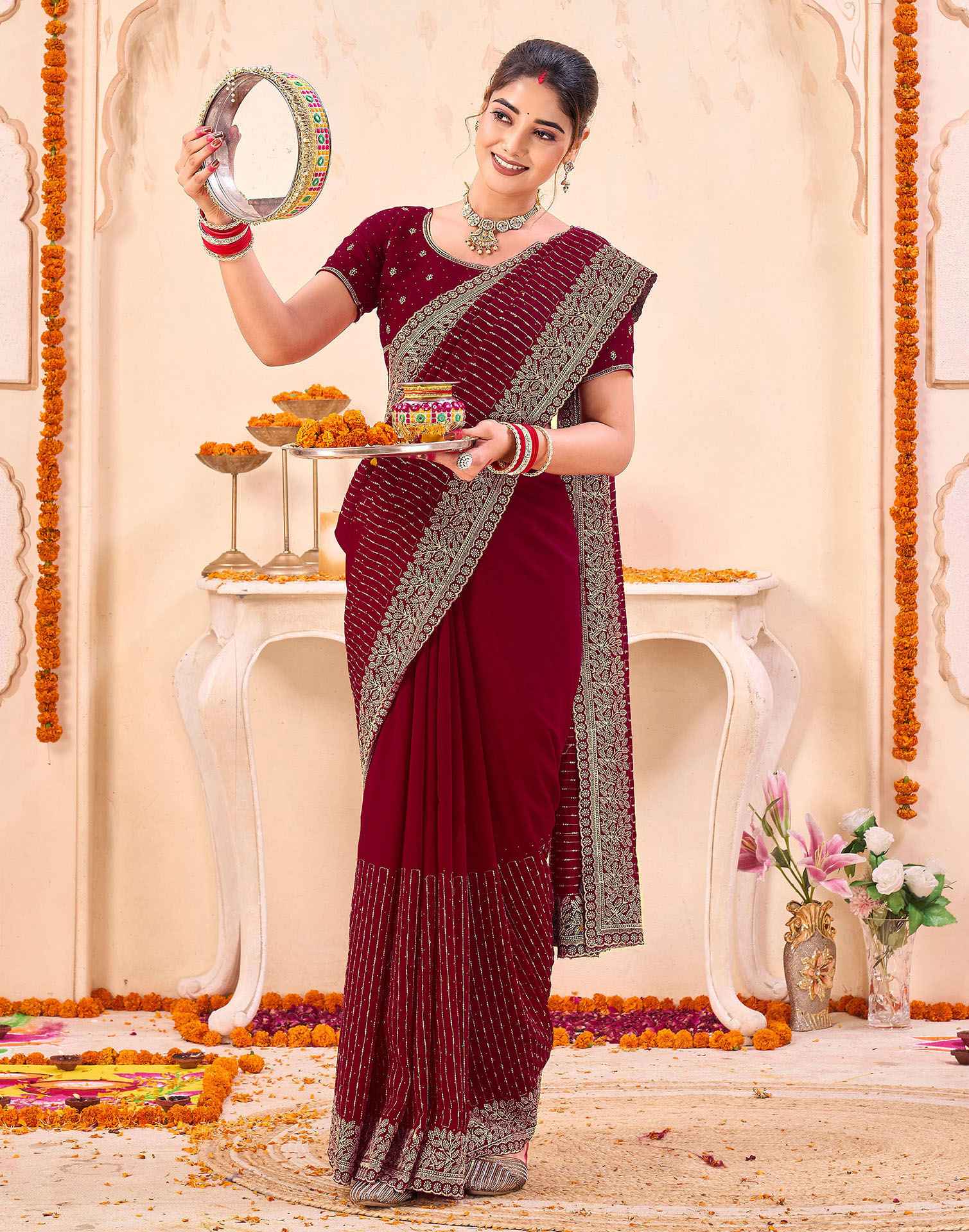 Dark Red Silk Embroidery Embellished Saree - Image 4