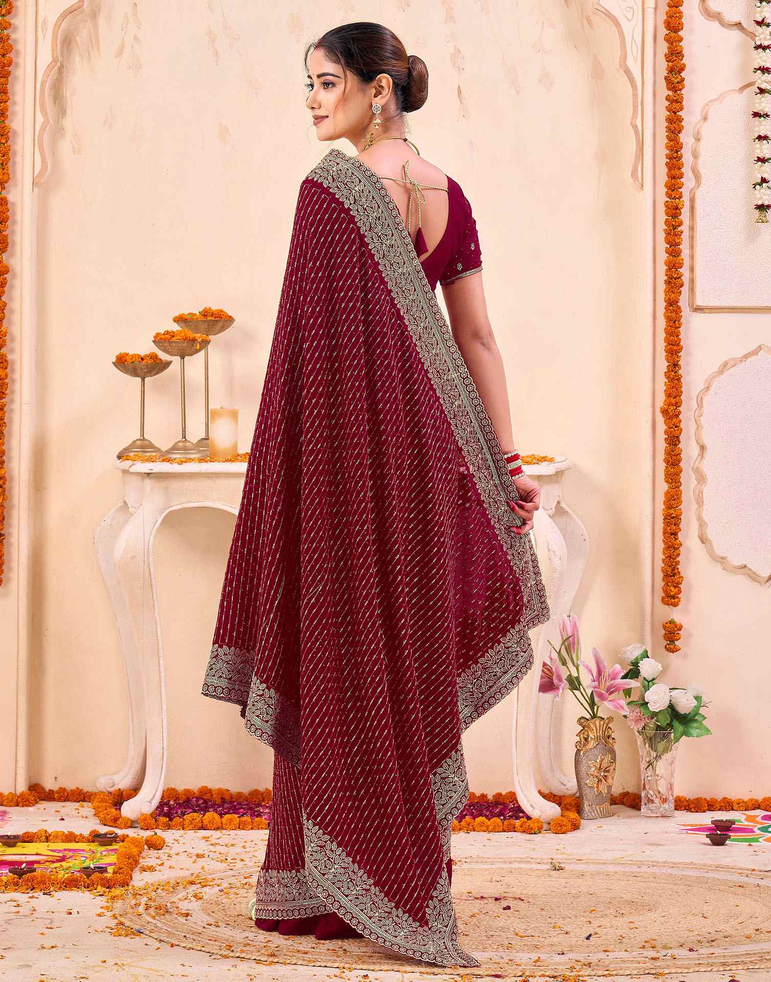 Dark Red Silk Embroidery Embellished Saree - Image 6