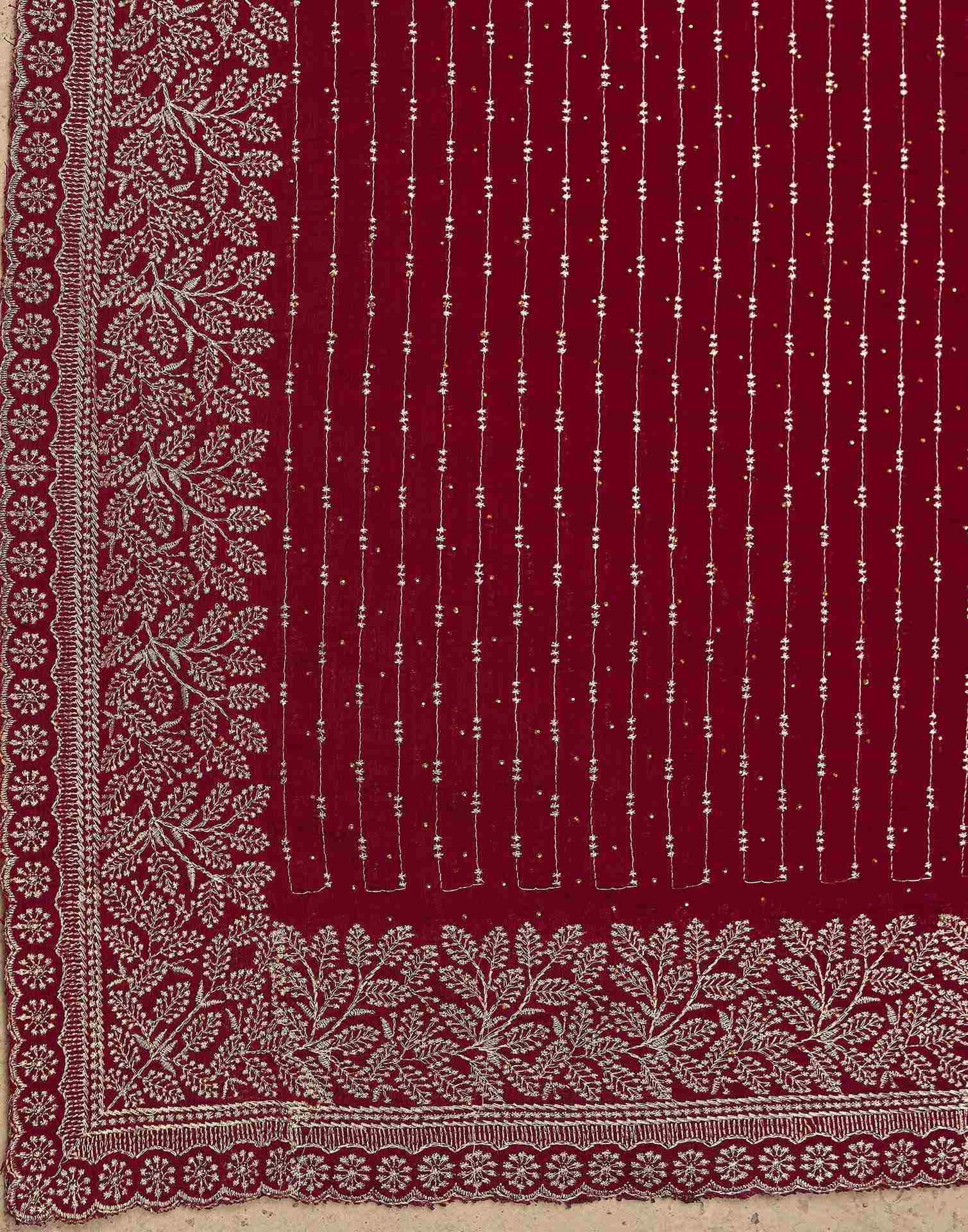 Dark Red Silk Embroidery Embellished Saree - Image 7