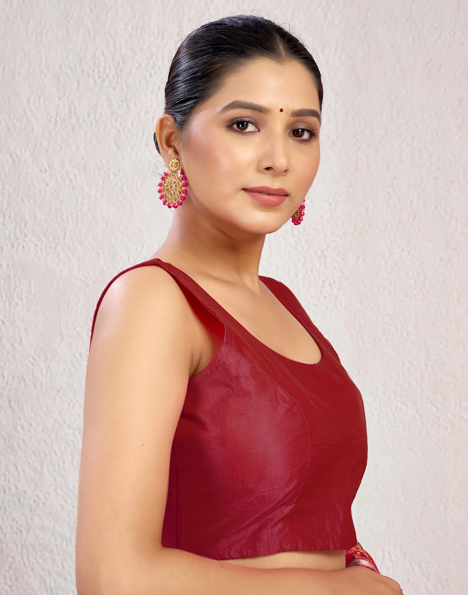 Dark Red Silk Plain Plain Blouse - Image 5