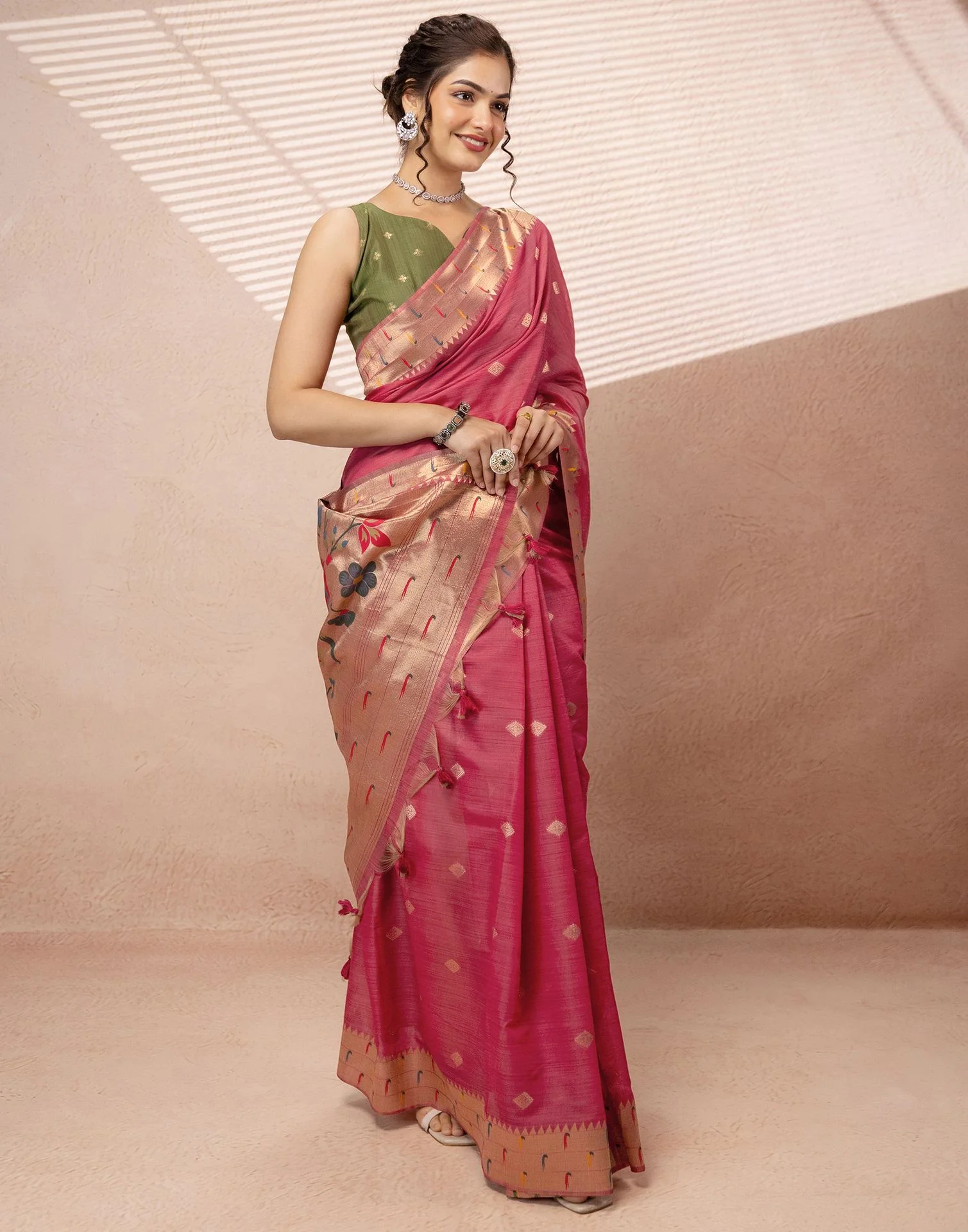 Dark Rose Pink Chanderi Cotton Woven Paithani Saree - Image 10