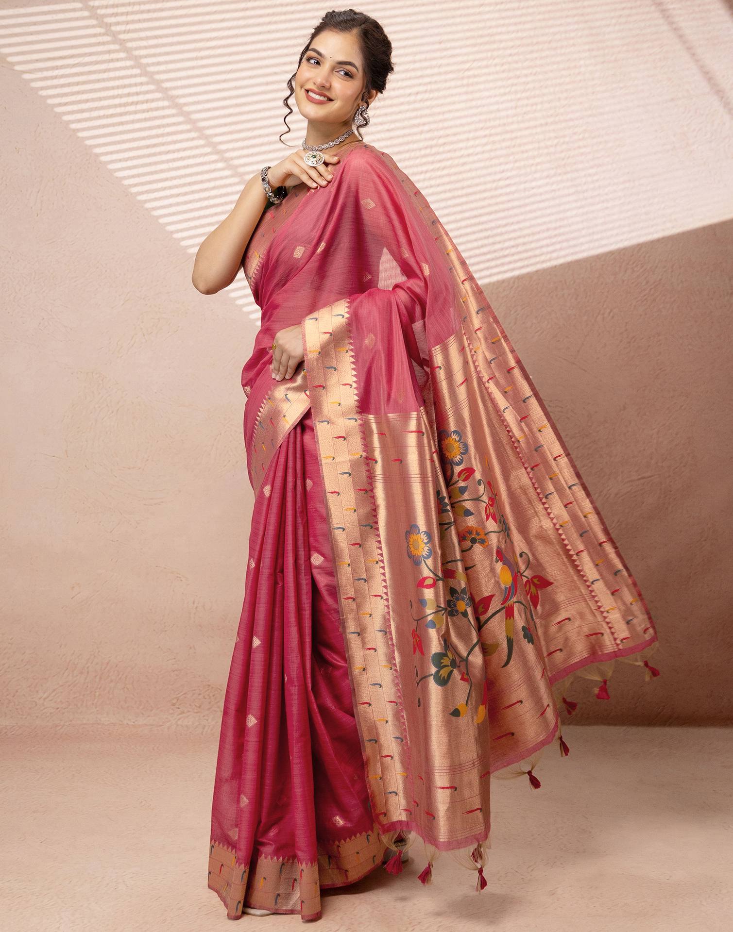 Dark Rose Pink Chanderi Cotton Woven Paithani Saree - Image 11